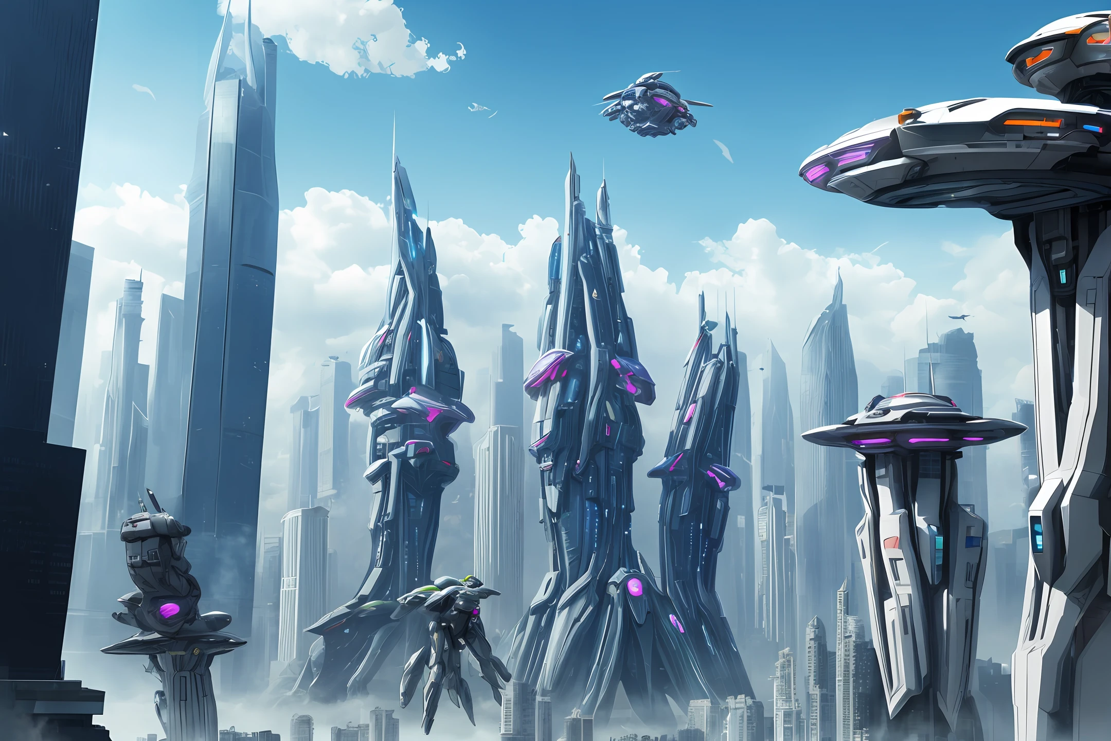 futuristic scene with skyscrapers, hovercrafts and robots