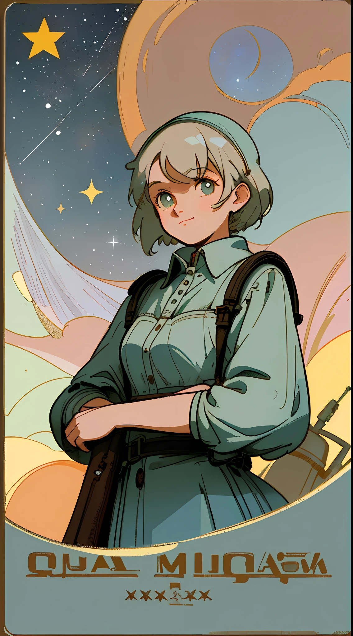 (masterpiece), (best quality), (best detail), (worn paper borders), (main color of illustration: pastel blue), (secondary color: pastel light gray), vintage advertising poster with Soviet-style lettering 60', beautiful woman cheerful posture, dirty and old western industrial scene, at night (sky with many stars), shading (detailed, much contrast), very saturated pulp colors