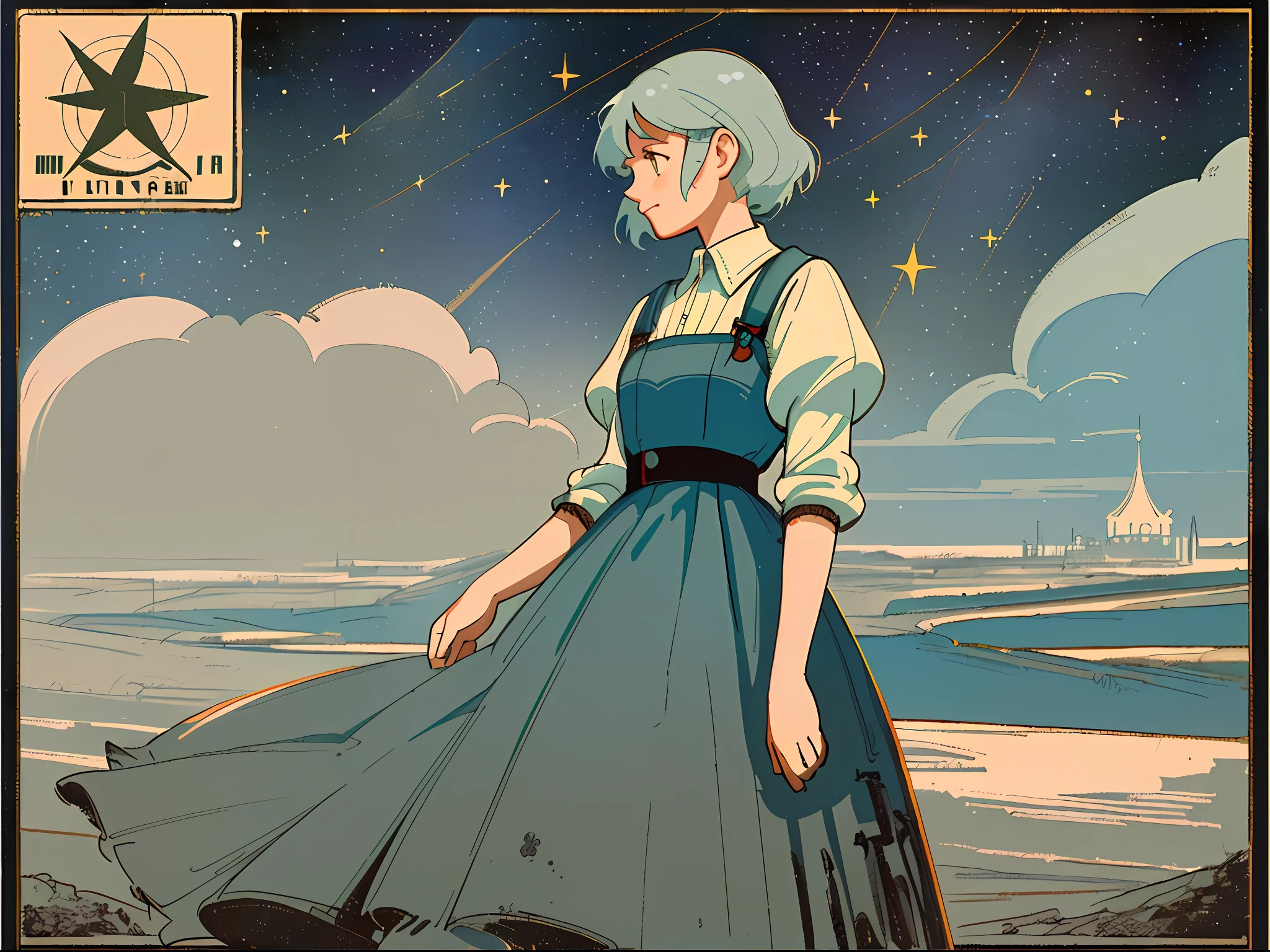 (masterpiece), (best quality), (best detail), (worn paper borders), (main color of illustration: pastel blue), (secondary color: pastel light gray), vintage advertising poster with Soviet-style lettering 60', beautiful woman cheerful posture, dirty and old western industrial scene, at night (sky with many stars), shading (detailed, much contrast), very saturated pulp colors