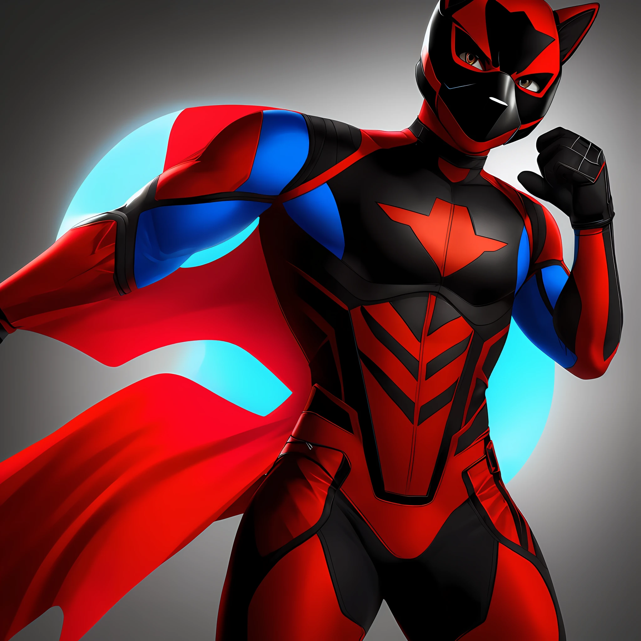 Masterpiece, high resolution, amazing quality, male red wolf, wearing black and red glued superhero outfit with blue details, black mask, sexy, young adult