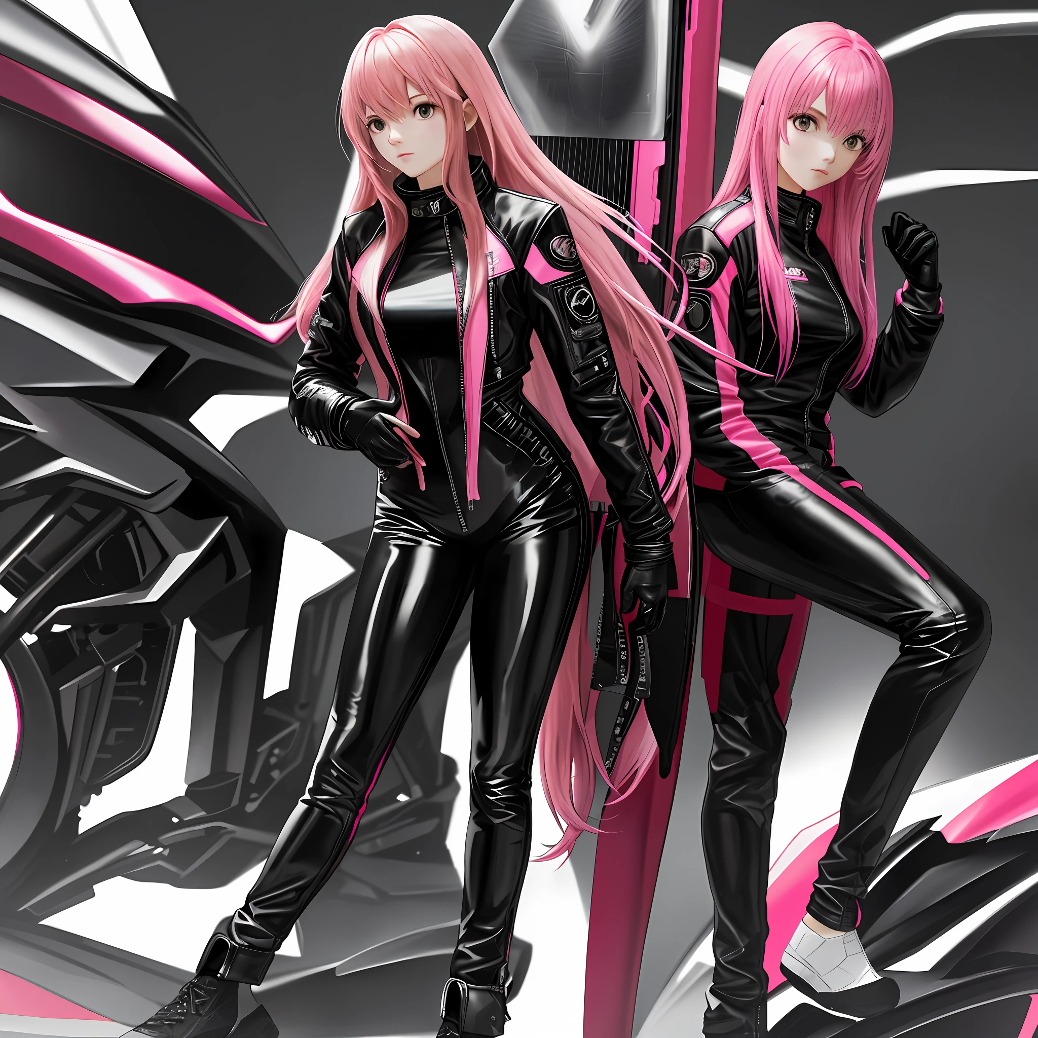 Catsuit Leather Jacket Long Hair Pink Hair Top Quality Ultra High Resolution 8K Masterpiece