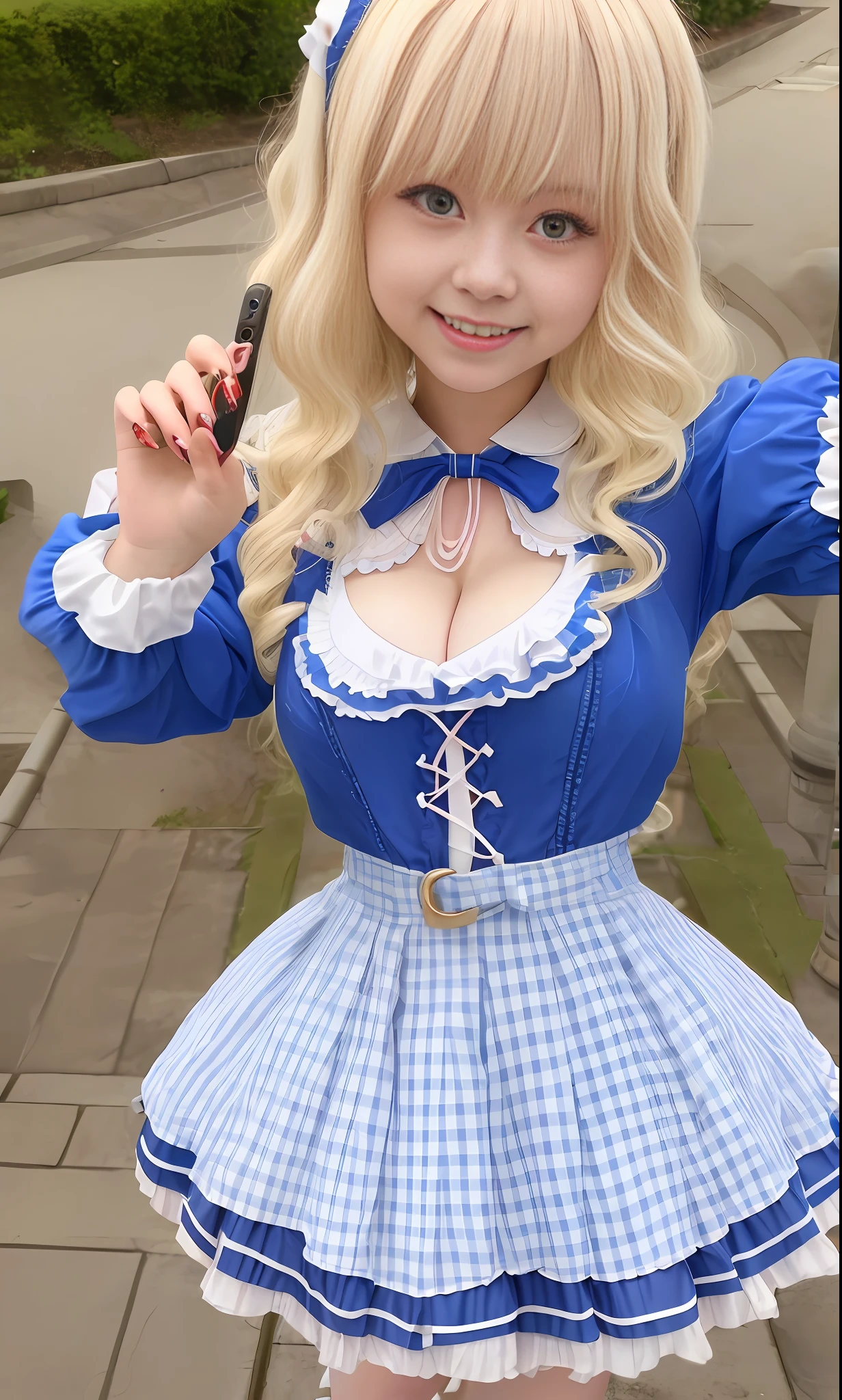 ,selfie,cleavage,middle school girl,smile,kawaii,alice in wonderland cosplay,wavyhair,big,Japan,whiteblondehair