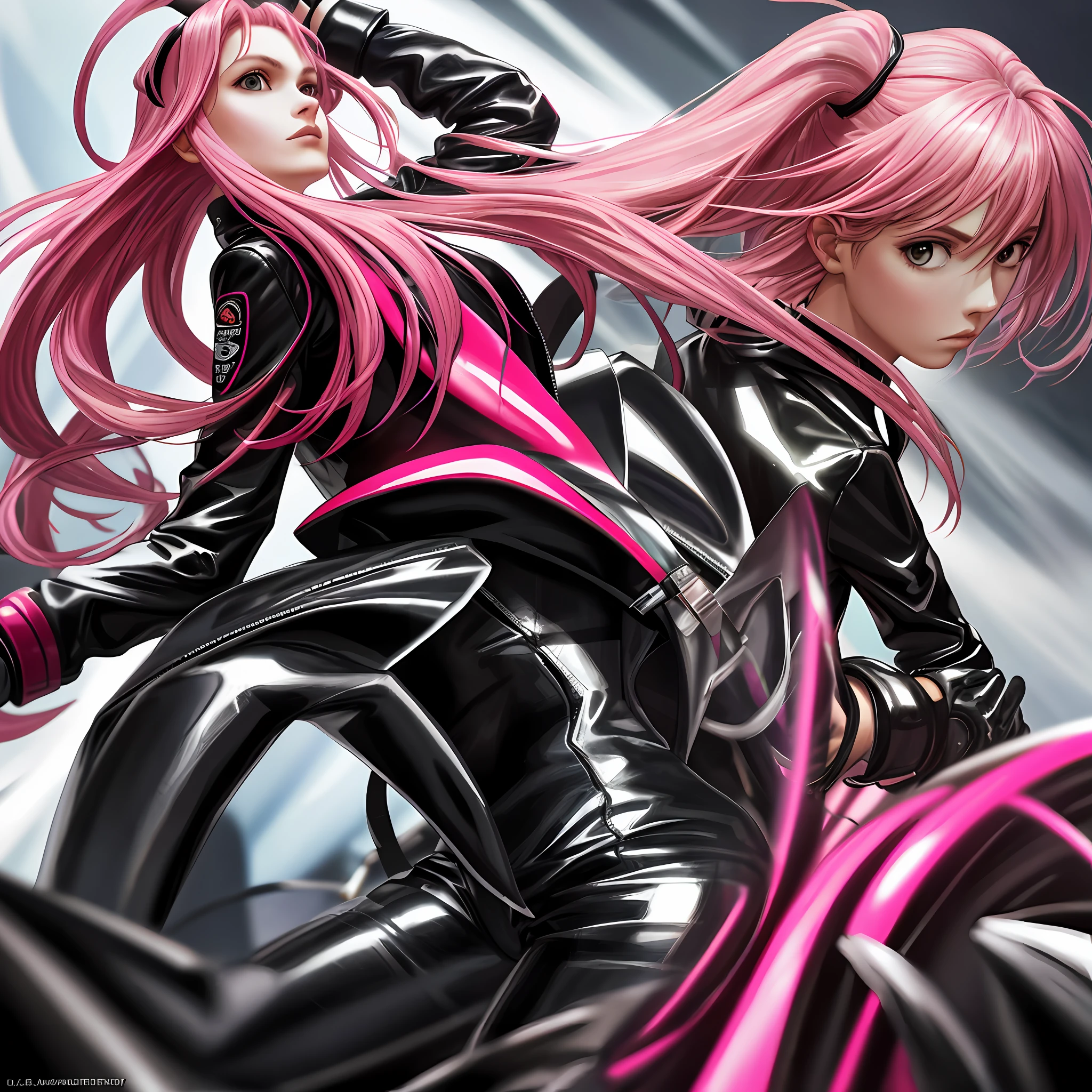Catsuit Leather Jacket Long Hair Pink Hair Top Quality Ultra High Resolution 8K Masterpiece