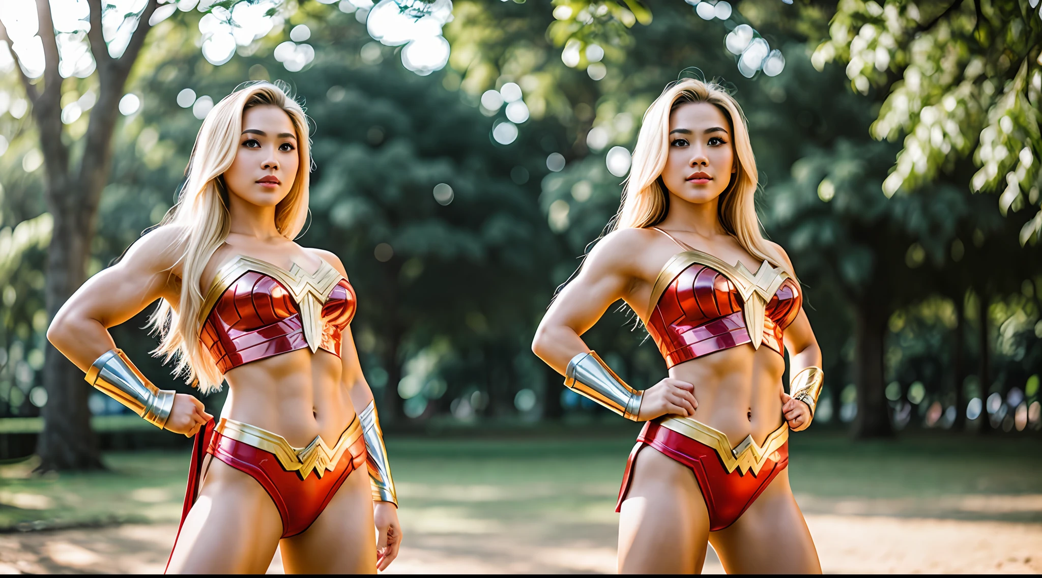 young beautiful Thai woman, blond hair, bodybuilder physique, as Wonderwoman, in the park, masterpiece, best quality, ultra-detailed, solo, outdoors, cheerful, happy, (look at viewer:1.2) (skin texture)