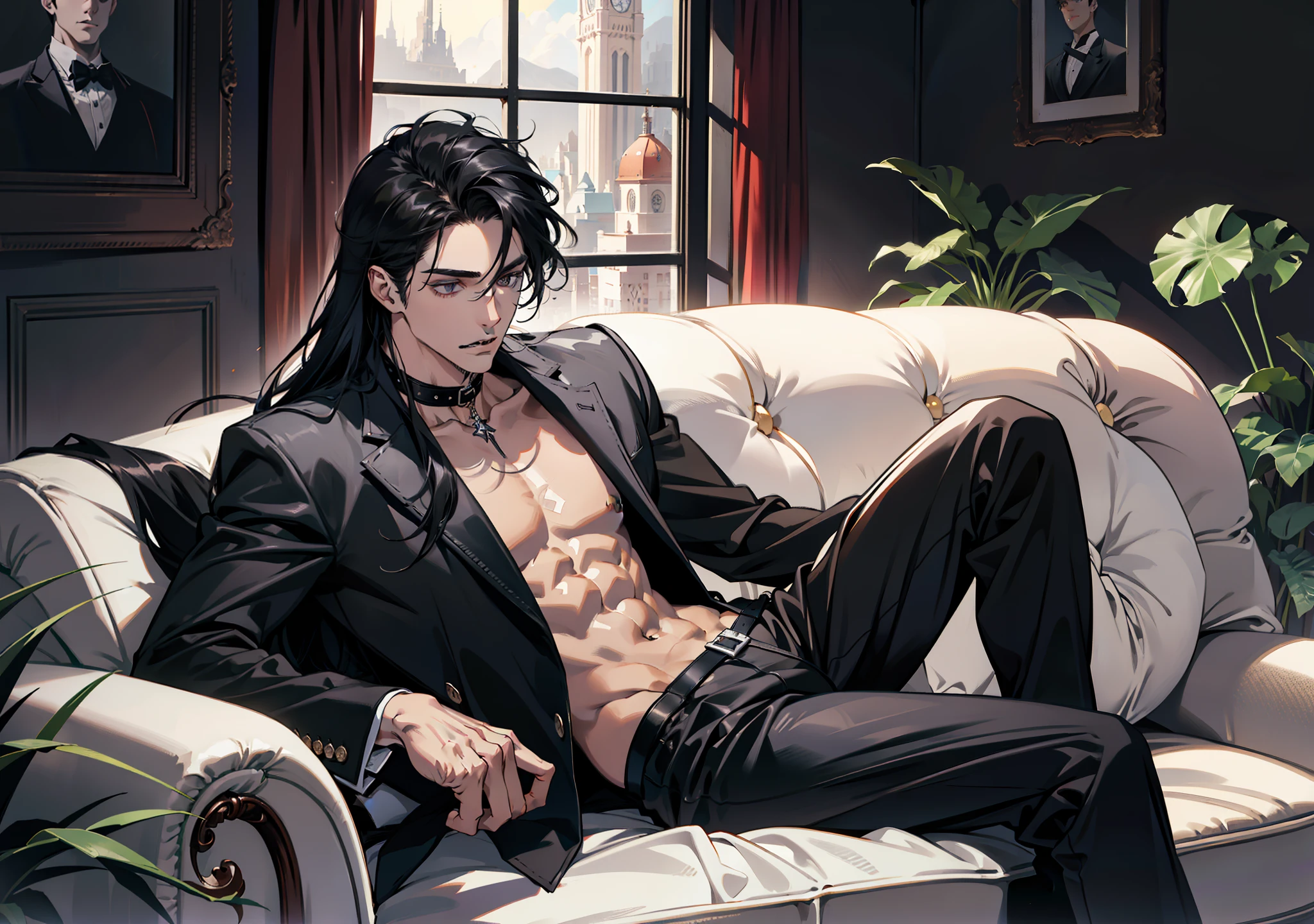 (absurdres, highres, ultra detailed), 1 male, adult, handsome, tall muscular guy, broad shoulders, finely detailed eyes and detailed face, black very long hair, gray eyes, handsome, fantasy, gothic, wolf ears, wolf tail, Sunlight, Fantastic light and shadow, Scenery, portrait, vampire fangs, open mouth, sexy, attractive, full body, tongle, no clothes, no shirt,, Dog Collar, bangs, cute face, sitting on the couch, black leather pants, no shirt