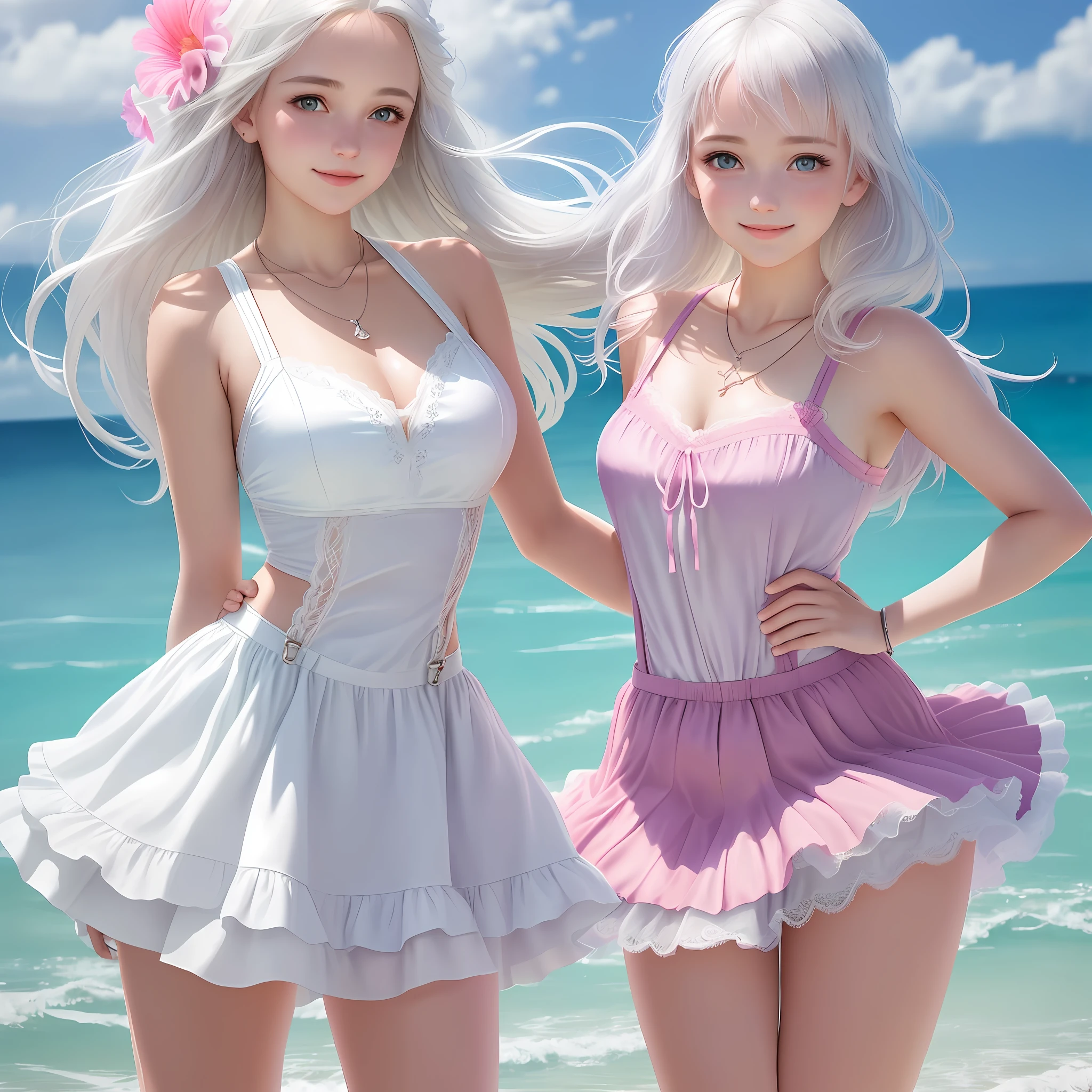 "(1girl:1.2), high-fidelity characters, bright warm tones, full of realism, gorgeous white dress, bright eyes, shining white hair and purple pupils, small animals full of personality, gorgeous rainbow beach, sunny weather, focus on the beauty of skirts and skirts, have depth and transparency, touch the curves of the figure. Elegant lace skirt, beautiful view of the sea and beach, skirt soaked in moisture, attractive neckline outlined with perspective and light ", smile, sweet, bare neck, necklace, pendant, suspenders, pink swimsuit, sunny, daytime, lace, lace shorts.