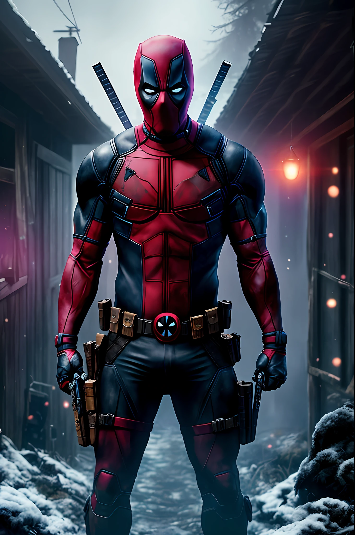 "Stable diffusion has created for me an unsettling 4K resolution artwork that depicts Deadpool from Marvel, set against a dark and sinister old hideout, illuminated solely by a single flashlight beam from the front, with an intrusive atmosphere of cold dark lighting enveloping the scene, picturesque."