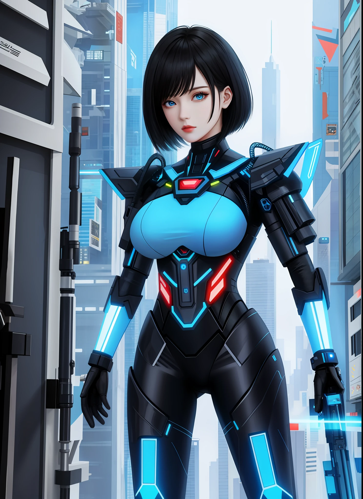 Full body photo, Humanoid Machine Woman, half human half machine body in futuristic costume, with power cables, lit blue lights on her chest, she has half human half head with mechanical parts showing, short black hair, blue eye and mechanical eye with laser sight, looking at the viewer, from the front, big breasts, body half human and half mechanical, she is in a futuristic city at war between humans and machines, she is holding futuristic weapons of high caliber, cyberpunk, troll, anime, Pop art, masterpiece, 16k, high details, UHD, best quality