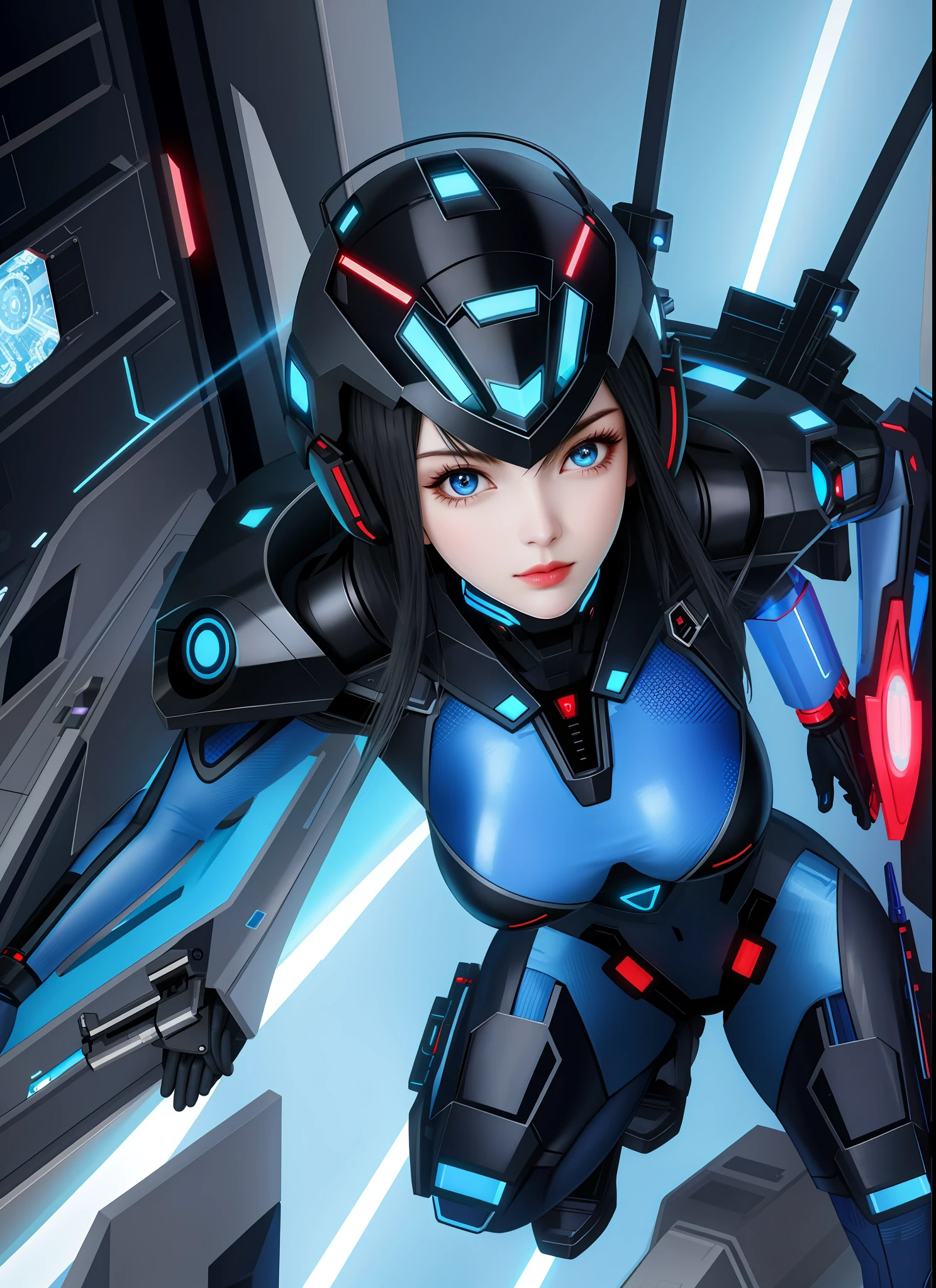 Full body photo, Humanoid Machine Woman, half human half machine body in futuristic costume, with power cables, lit blue lights on her chest, she has half human half head with mechanical parts showing, short black hair, blue eye and mechanical eye with laser sight, looking at the viewer, from the front, big breasts, body half human and half mechanical, she is in a futuristic city at war between humans and machines, she is holding futuristic weapons of high caliber, cyberpunk, troll, anime, Pop art, masterpiece, 16k, high details, UHD, best quality