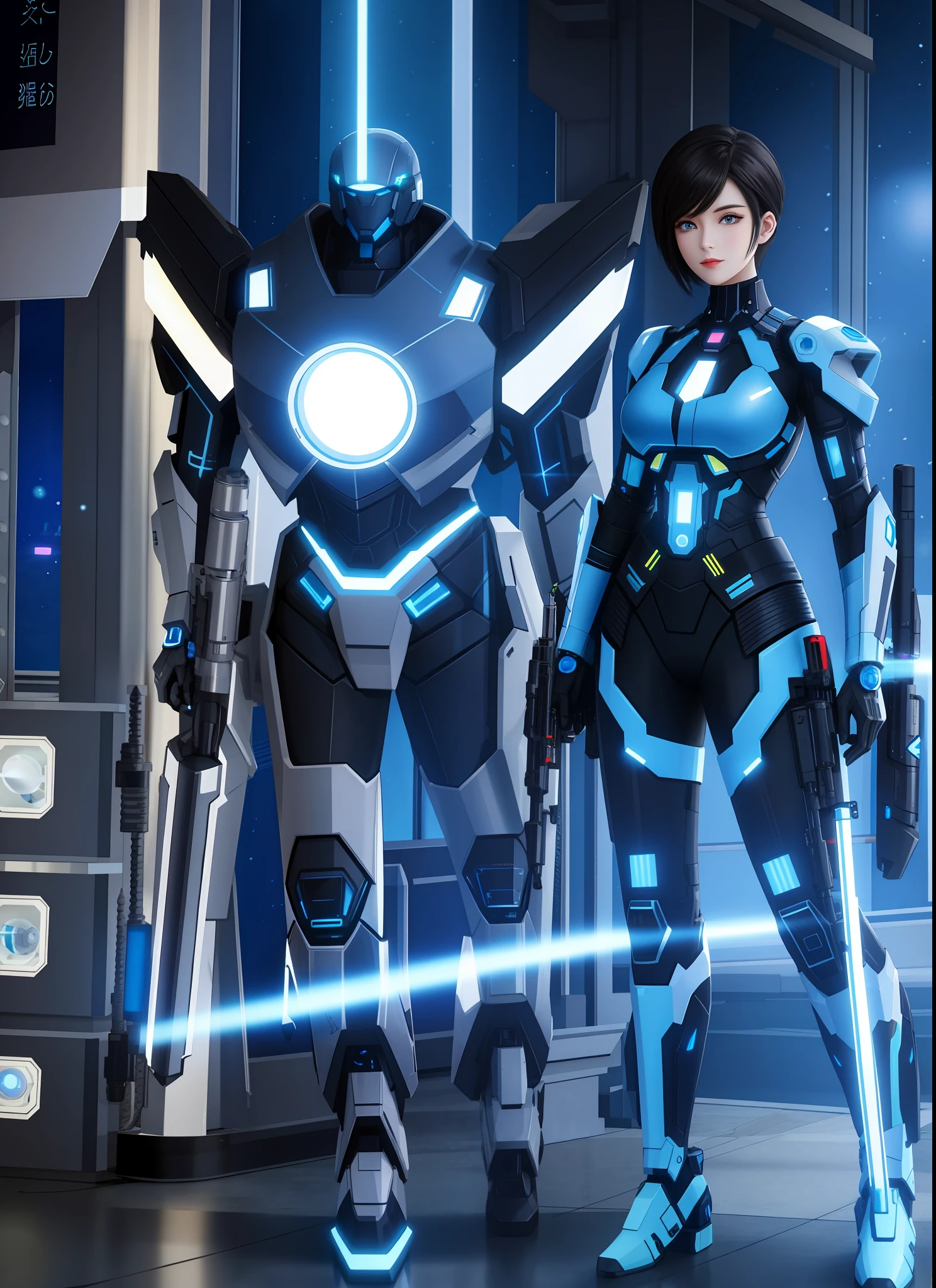 Full body photo, Humanoid Machine Woman, half human half machine body in futuristic costume, with power cables, lit blue lights on her chest, she has half human half head with mechanical parts showing, short black hair, blue eye and mechanical eye with laser sight, looking at the viewer, from the front, big breasts, body half human and half mechanical, she is in a futuristic city at war between humans and machines, she is holding futuristic weapons of high caliber, cyberpunk, troll, anime, Pop art, masterpiece, 16k, high details, UHD, best quality