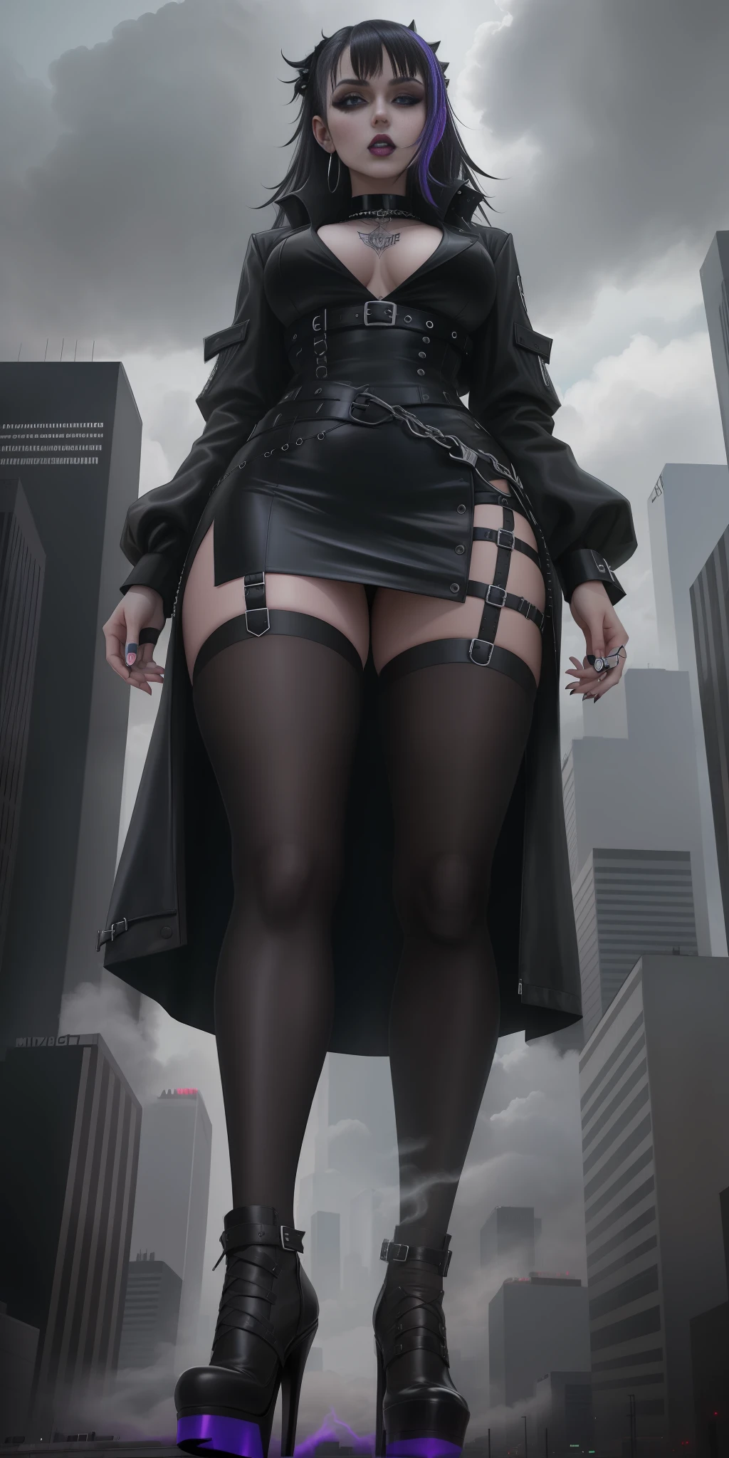 Giantess, shirt, goth girl aesthetic, wearing modern gothic clothes, goth aesthetic, all black cyberpunk clothes, goth punk clothes, wearing black modern clothes, witchcore clothes, black outfit, black clothes, goth vibe, goth style, gothic outfit,athletic body, gts city, city buildings, smoke, clouds, evil, realistic lighting, high heels, from below,