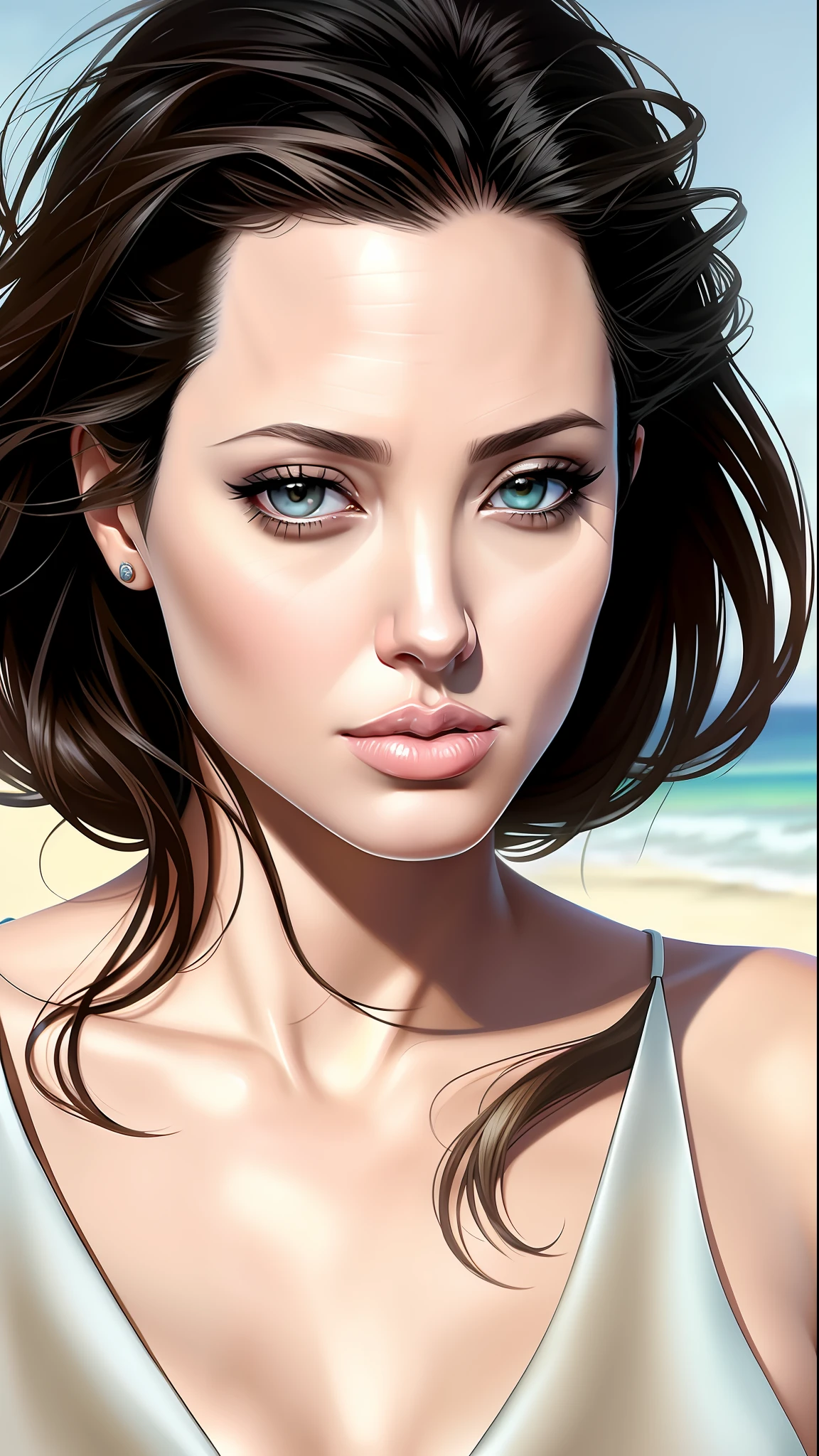 Create angelina Jolie gorgeous, pictured the most beautiful artwork in the world, featuring a modern punk woman, leaning against a van on a California beach, trending on ArtStation, CGSociety, Intricate, High Detail, Sharp focus, dramatic, photorealistic painting art by greg Rutkowski