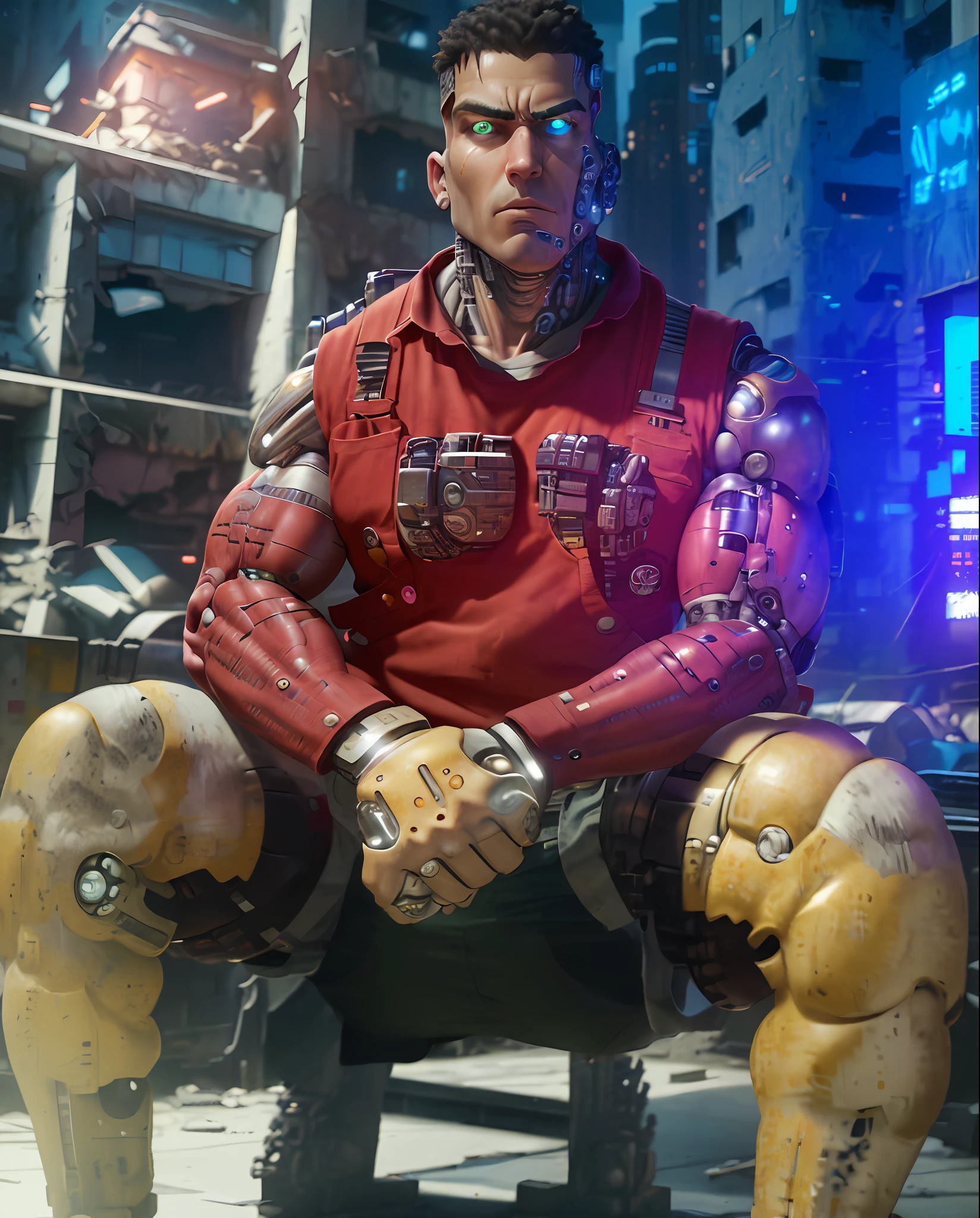 raw photograph, ultra detailed photrealistic, large heavy build male construction worker, wearing construction overalls, (cyborg arms:1.5), (human hands), background is a city block in ruins, vibrant details, luxurious cyberpunk, hyperrealistic, anatomical, elegant, 8k, best quality, masterpiece, extremely detailed, (realistic, photo-realistic:1.37), full body, standing