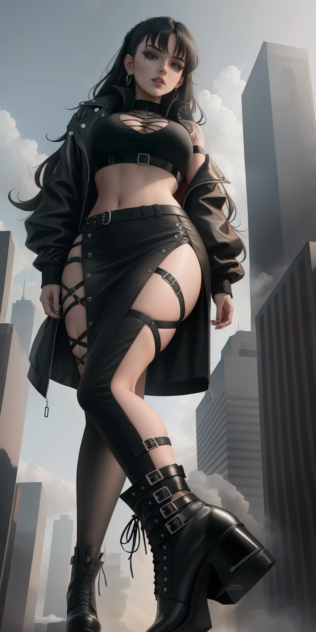 Giantess, shirt, goth girl aesthetic, midriff exposed, wearing modern gothic clothes, goth aesthetic, all black cyberpunk clothes, goth punk clothes, wearing black modern clothes, witchcore clothes, black outfit, black clothes, goth vibe, goth style, gothic outfit,athletic body, gts city, city buildings, smoke, clouds, evil, realistic lighting, high heels, from below,