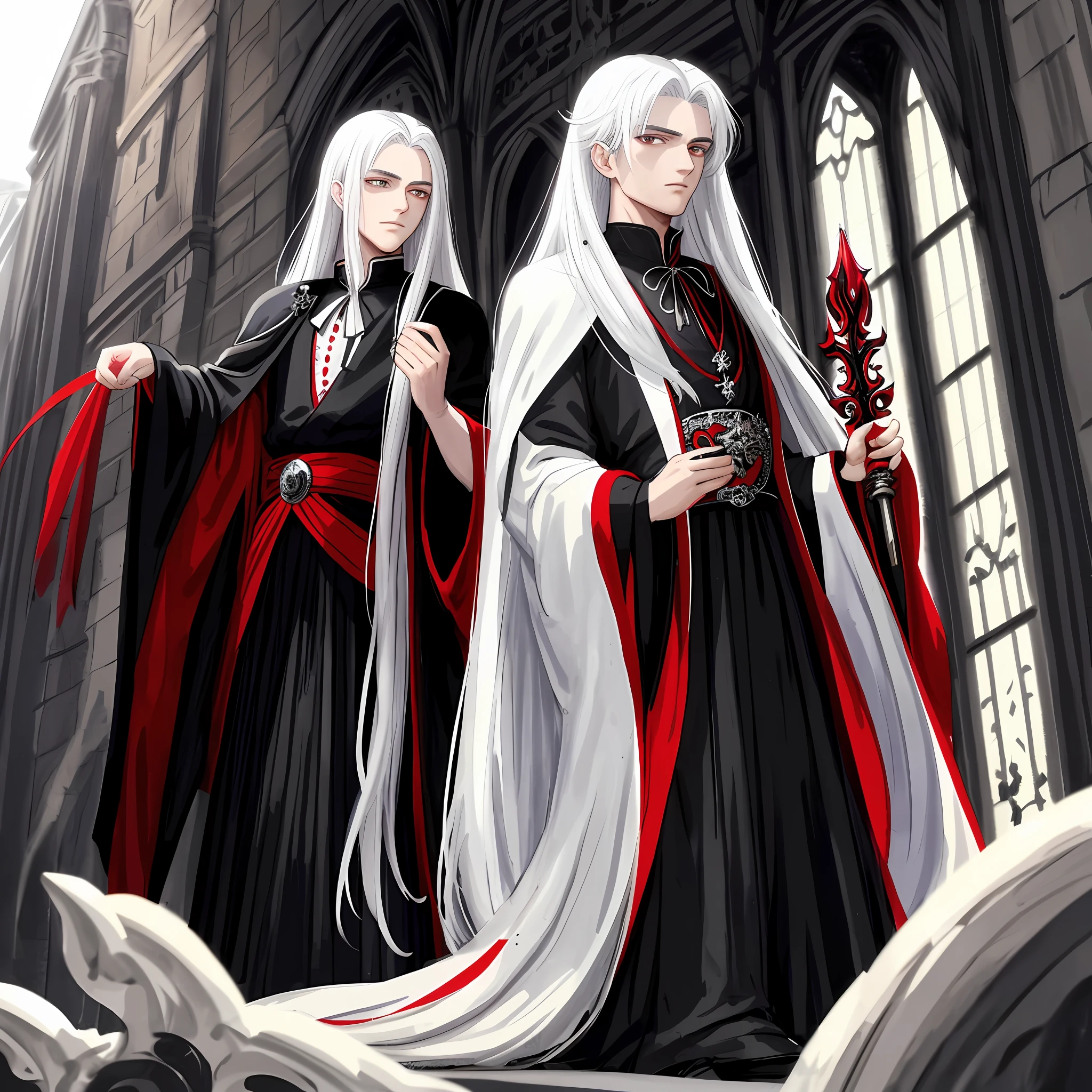 A beautiful young prince with his beautiful black hair and his beautiful white eyes, wearing a beautiful knight's outfit and a white cape, his face is very beautiful and perfect