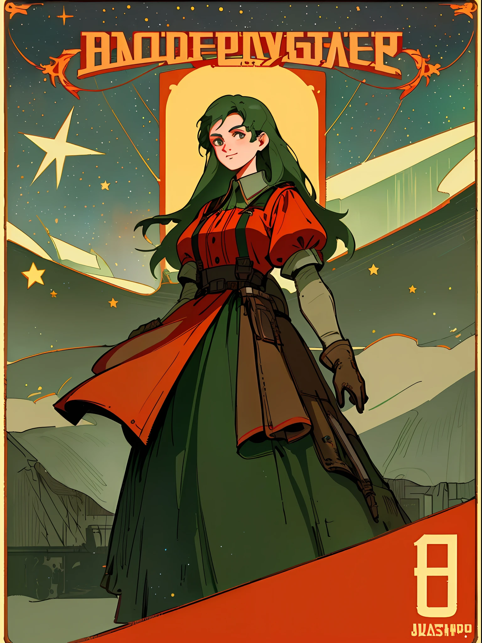 (masterpiece), (best quality), (best detail), (worn paper borders), (main color of illustration: pastel red), (secondary color: dark green), vintage advertising poster with large letters Soviet style 60', beautiful woman cheerful posture, dirty and old western industrial scene, night (sky with many stars), shading (detailed, much contrast), very saturated pulp colors