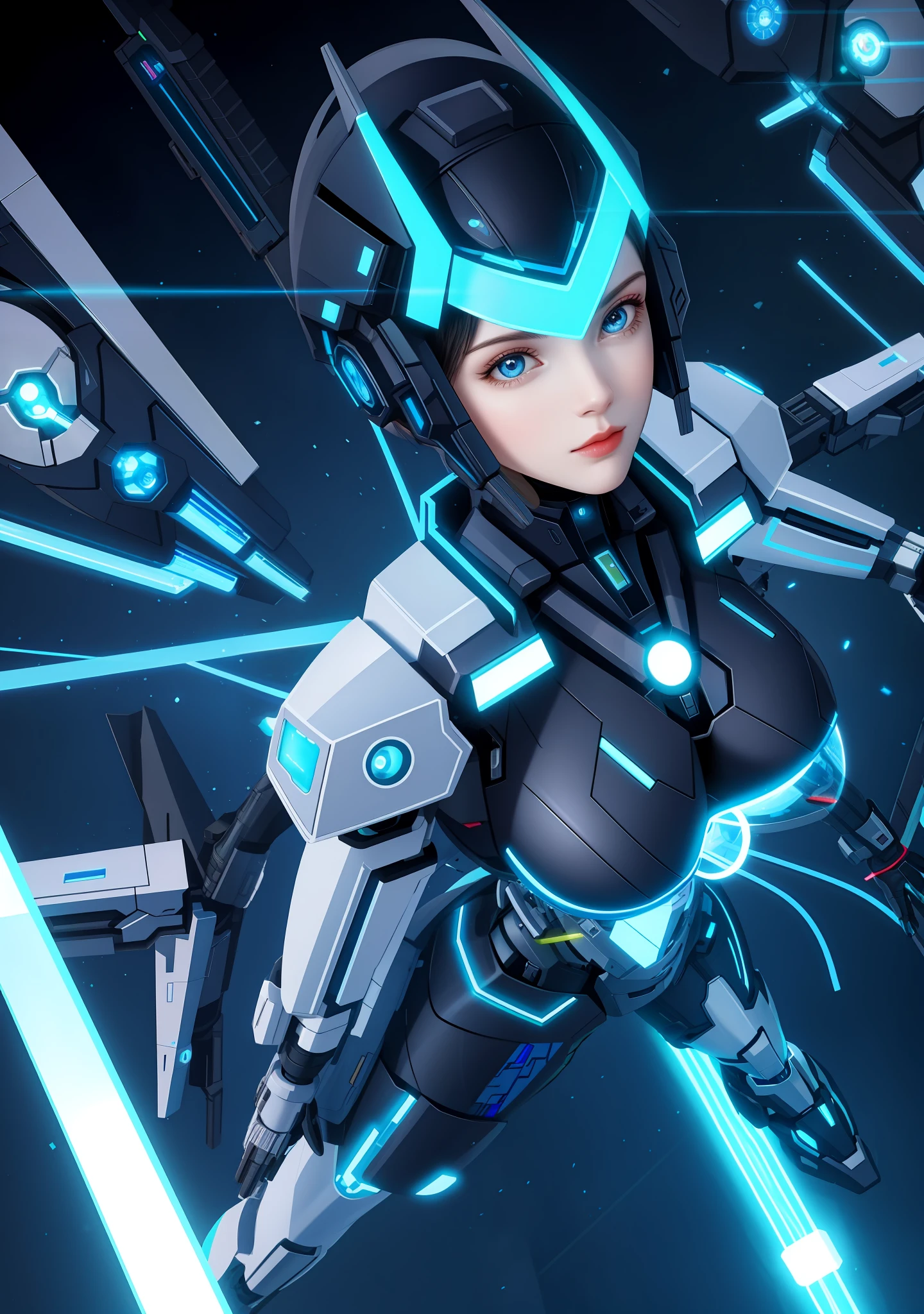 Full body photo, Humanoid Machine Woman, half human half machine body in futuristic costume, with power cables, lit blue lights on her chest, she has half human half head with mechanical parts showing, short black hair, blue eye and mechanical eye with laser sight, looking at the viewer, from the front, big breasts, body half human and half mechanical, she is in a futuristic city at war between humans and machines, she is holding futuristic weapons of high caliber, cyberpunk, troll, anime, Pop art, masterpiece, 16k, high details, UHD, best quality