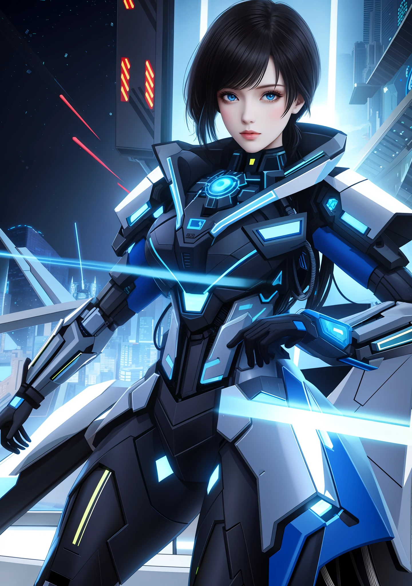 Full body photo, Humanoid Machine Woman, half human half machine body in futuristic costume, with power cables, lit blue lights on her chest, she has half human half head with mechanical parts showing, short black hair, blue eye and mechanical eye with laser sight, looking at the viewer, from the front, big breasts, body half human and half mechanical, she is in a futuristic city at war between humans and machines, she is holding futuristic weapons of high caliber, cyberpunk, troll, anime, Pop art, masterpiece, 16k, high details, UHD, best quality