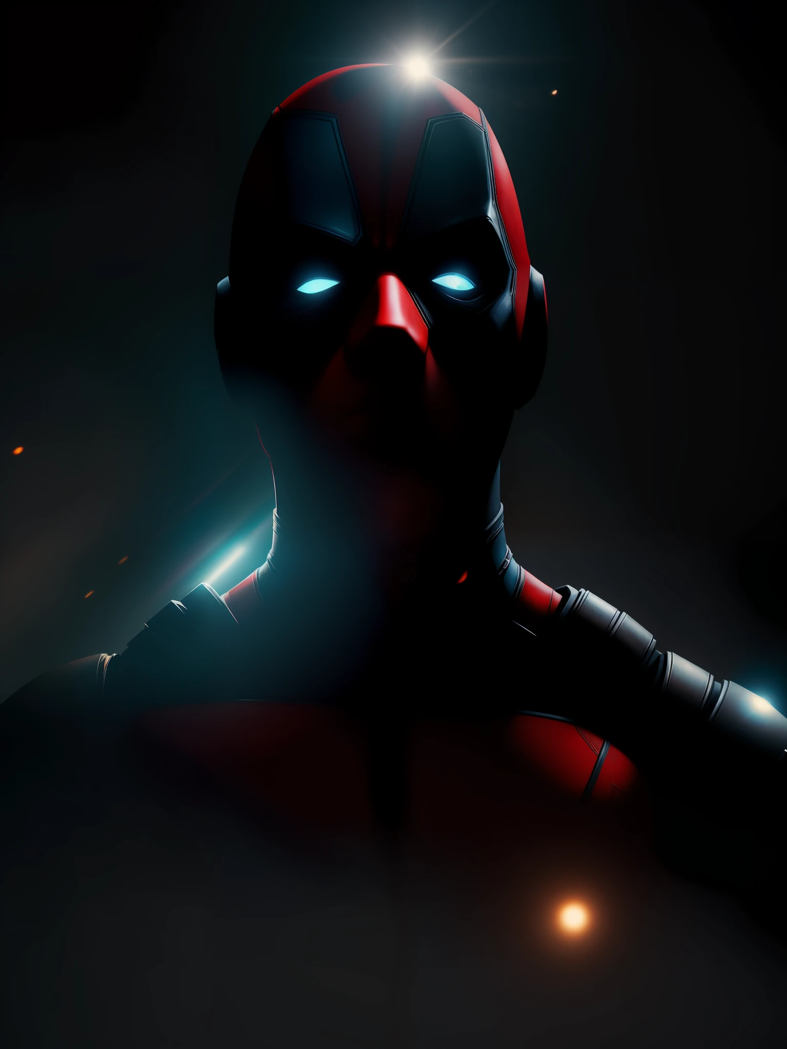 Movie scene, Deadpool from Marvel close-up shot, distorted space, distorted undead in the background, lens flares, light shafts, intricate details, highly detailed, volumetric lighting, 4k rendering, stock photo, hyperrealistic, realistic textures, dramatic lighting, Unreal Engine