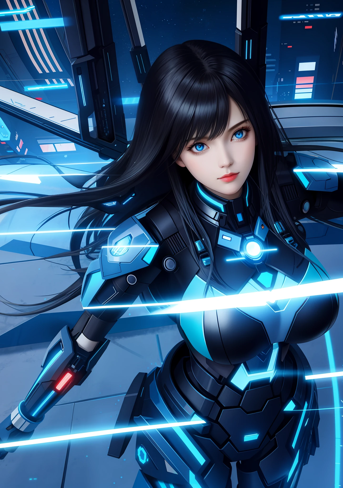 Full body photo, Humanoid Machine Woman, half human half machine body in futuristic costume, with power cables, lit blue lights on her chest, she has half human half head with mechanical parts showing, short black hair, blue eye and mechanical eye with laser sight, looking at the viewer, from the front, big breasts, body half human and half mechanical, she is in a futuristic city at war between humans and machines, she is holding futuristic weapons of high caliber, cyberpunk, troll, anime, Pop art, masterpiece, 16k, high details, UHD, best quality