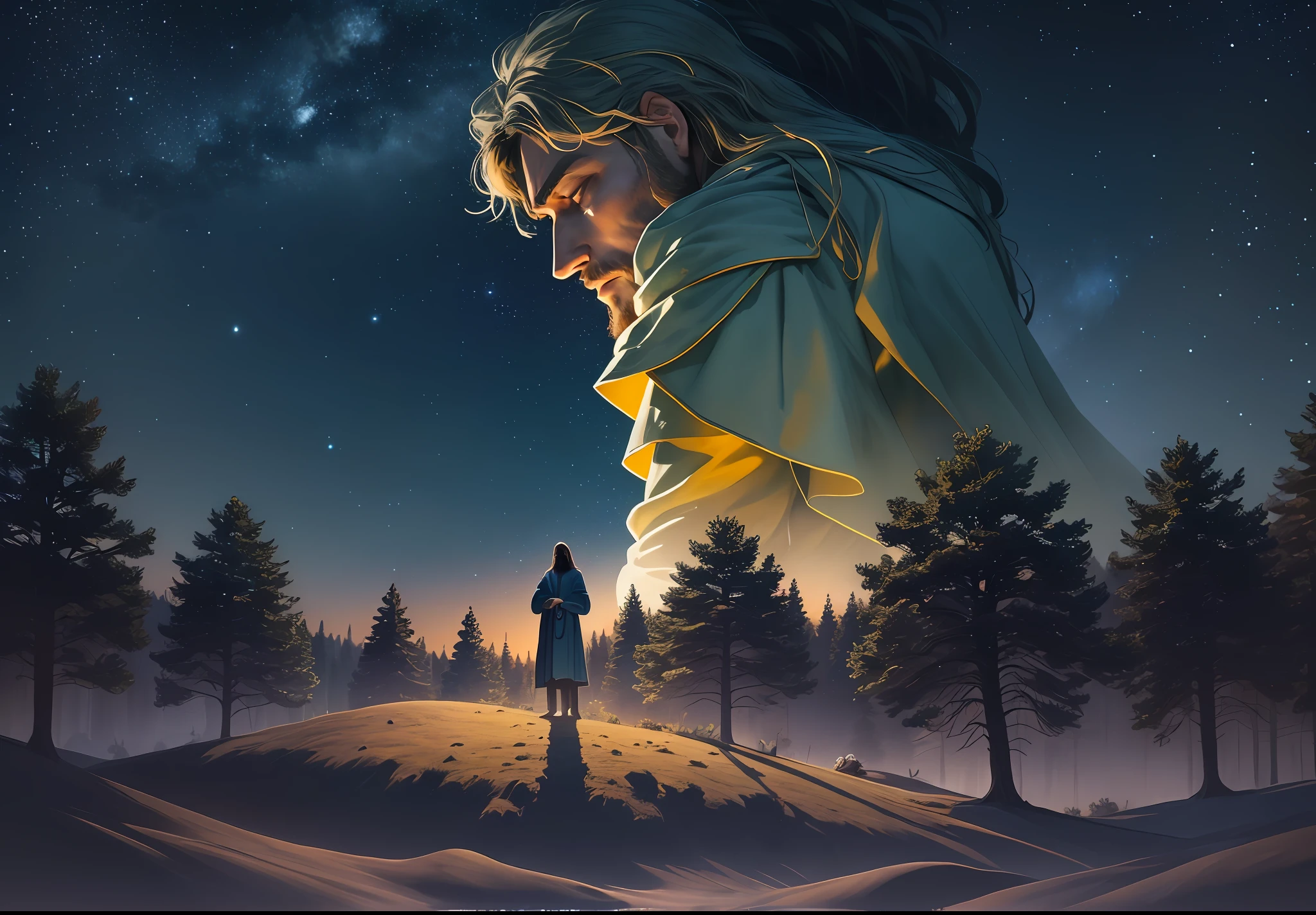 Create an image of Jesus kneeling on the ground, with his hands clasped together in prayer and his head slightly bowed. In the background, draw the trees of the garden of Gethsemane and a dark sky with stars. Highlight the details of Jesus' expression, such as his tired and worried face, to convey the depth of his emotions as he prepared to face his crucifixion. Use shades of green for the trees and brown for the ground and tree trunks. Use shades of dark blue and yellow to create the atmosphere of a night sky. Add shadows and lights to highlight the depth of the image, 8k very detailed