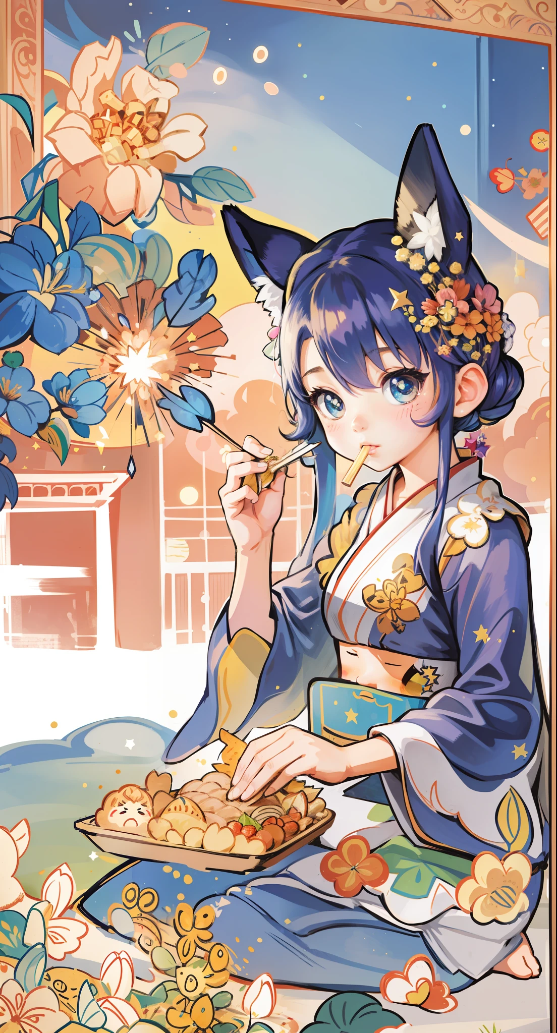 1 girl,chibi, neko, adorable, eating food,  fireworks,  festival, stars, moon, evening, masterpiece, best quality,
