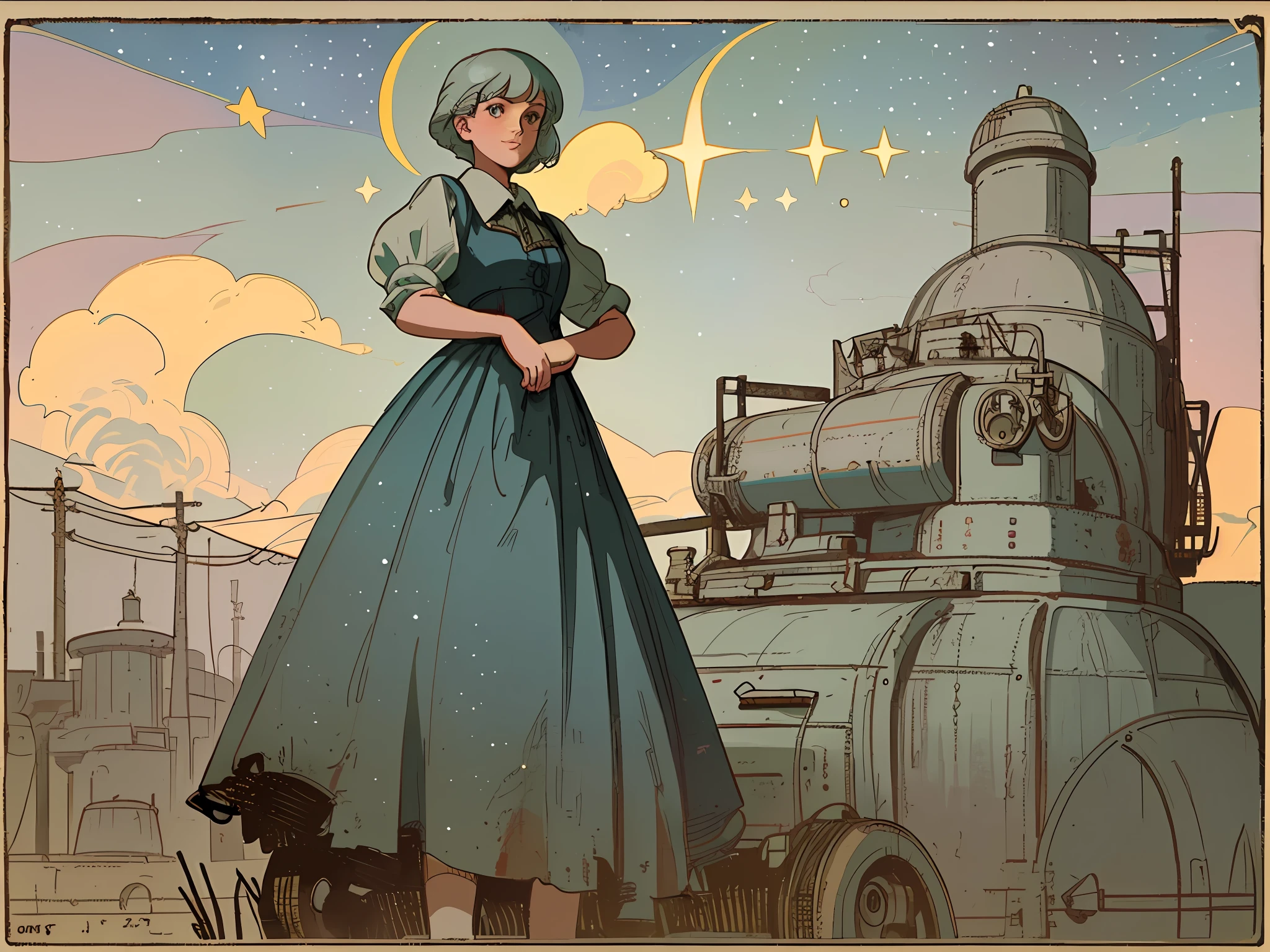 there is a woman standing in front of a train with a cat, dieselpunk art style, steam-punk illustration, steampunk illustration, detailed steampunk illustration, steampunk inventor girl, mechanized witch girl, inspired victorian sci - fi, dieselpunk atmosphere, lofi bioshock steampunk portrait, dieselpunk setting, lofi steampunk bioshock portrait, bioshock infinite art style