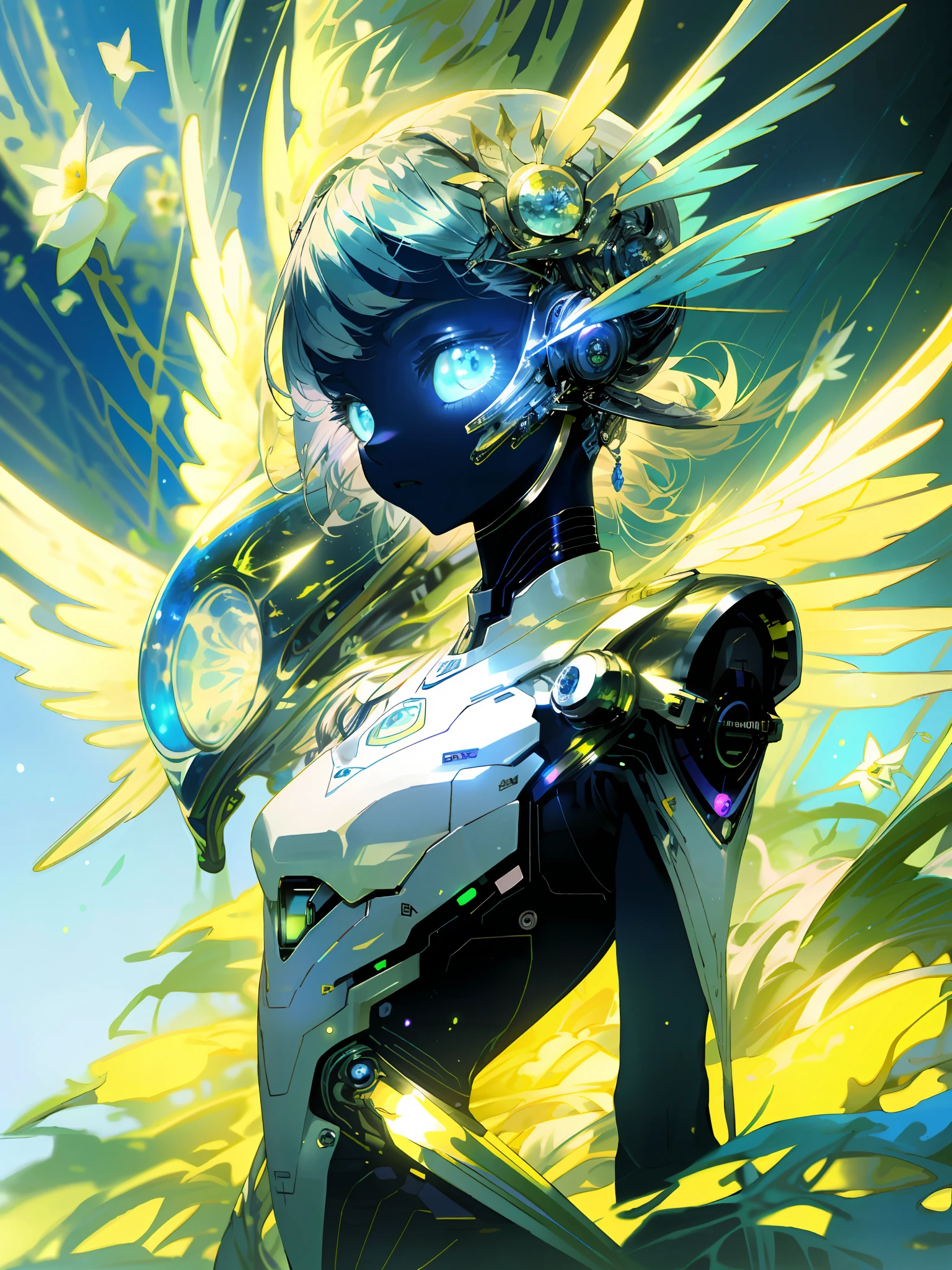 illustration, highly detailed, masterpiece, medium shot, beautiful aliens and 1girl, anthropomorphic body type, graceful wings, alien world and flora and florarium, neon, Silver colors, eccentric and exaggerated, beautifully drawn, depth of field, analog, soft lighting