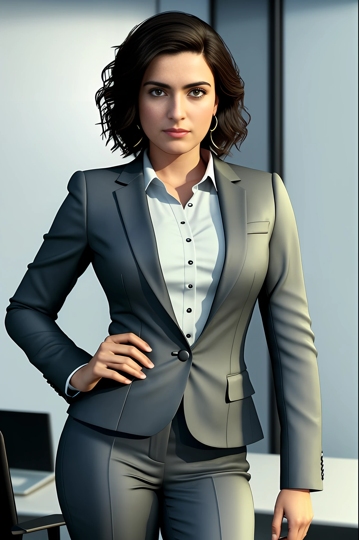 A Brazilian woman, 1.5m tall, 75kg, (short hair: 0.4), (round face: 1.5) wearing black dress pants, dress shirt, tie, curly arms, ((((serious business woman pose)))), inside the office, (four fingers and a thumb), (soft tones:1.25), (HDR:1.25), (artstation:1.2), dramatic, (intricate details:1.14), (hyperrealistic 3d render:1.16), (filmic:0.55), (rutkowski:1.1), (faded:1.3)