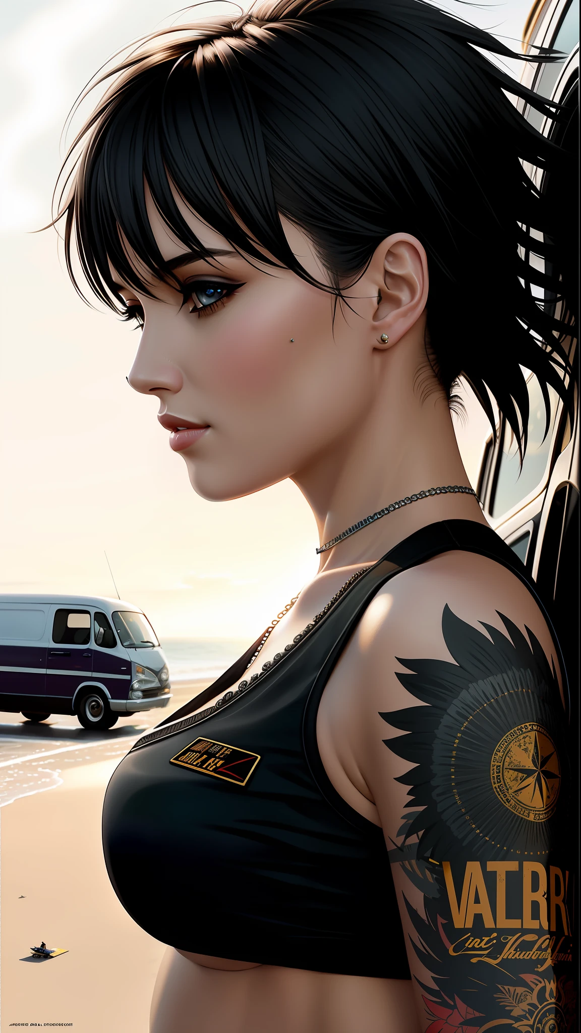 Create beautiful Akira wing, in photo of the most beautiful artwork in the world, featuring a modern punk woman, leaning against a van on a California beach, trending at ArtStation, CGSociety, Intricate, High Detail, Sharp focus, dramatic, photorealistic painting art by greg Rutkowski