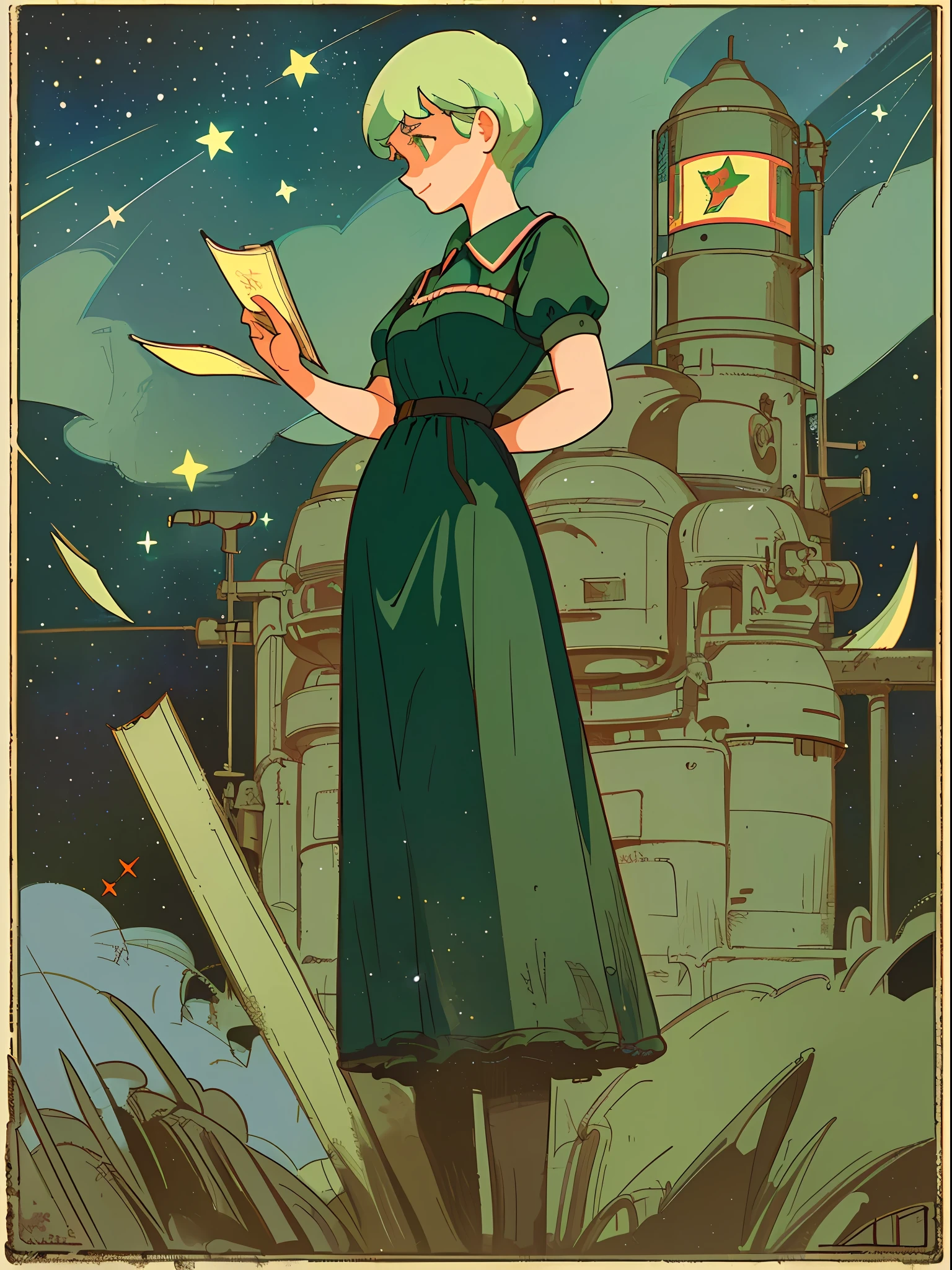 (masterpiece), (best quality), (best detail), (worn paper borders), (main color of illustration: pastel green), (secondary color: dark blue), vintage advertising poster with large letters Soviet style 60', beautiful woman cheerful posture, dirty and old western industrial scene, night (sky with many stars), shading (detailed, much contrast), very saturated pulp colors
