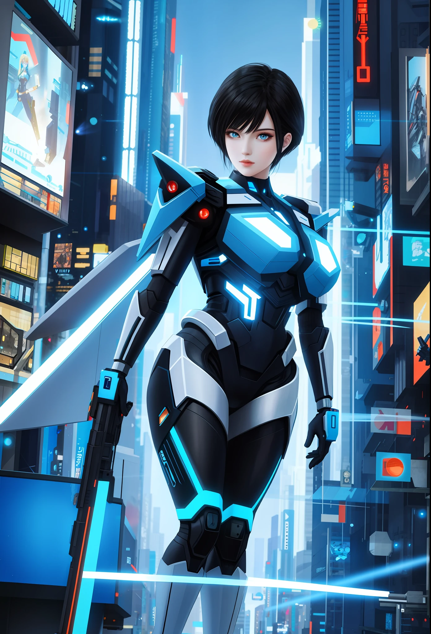 Full body photo, Humanoid Machine Woman, half human half machine body in futuristic costume, with power cables, lit blue lights on her chest, she has half human half head with mechanical parts showing, short black hair, blue eye and mechanical eye with laser sight, looking at the viewer, from the front, big breasts, body half human and half mechanical, she is in a futuristic city at war between humans and machines, she is holding futuristic weapons of high caliber, cyberpunk, troll, anime, Pop art, masterpiece, 16k, high details, UHD, best quality