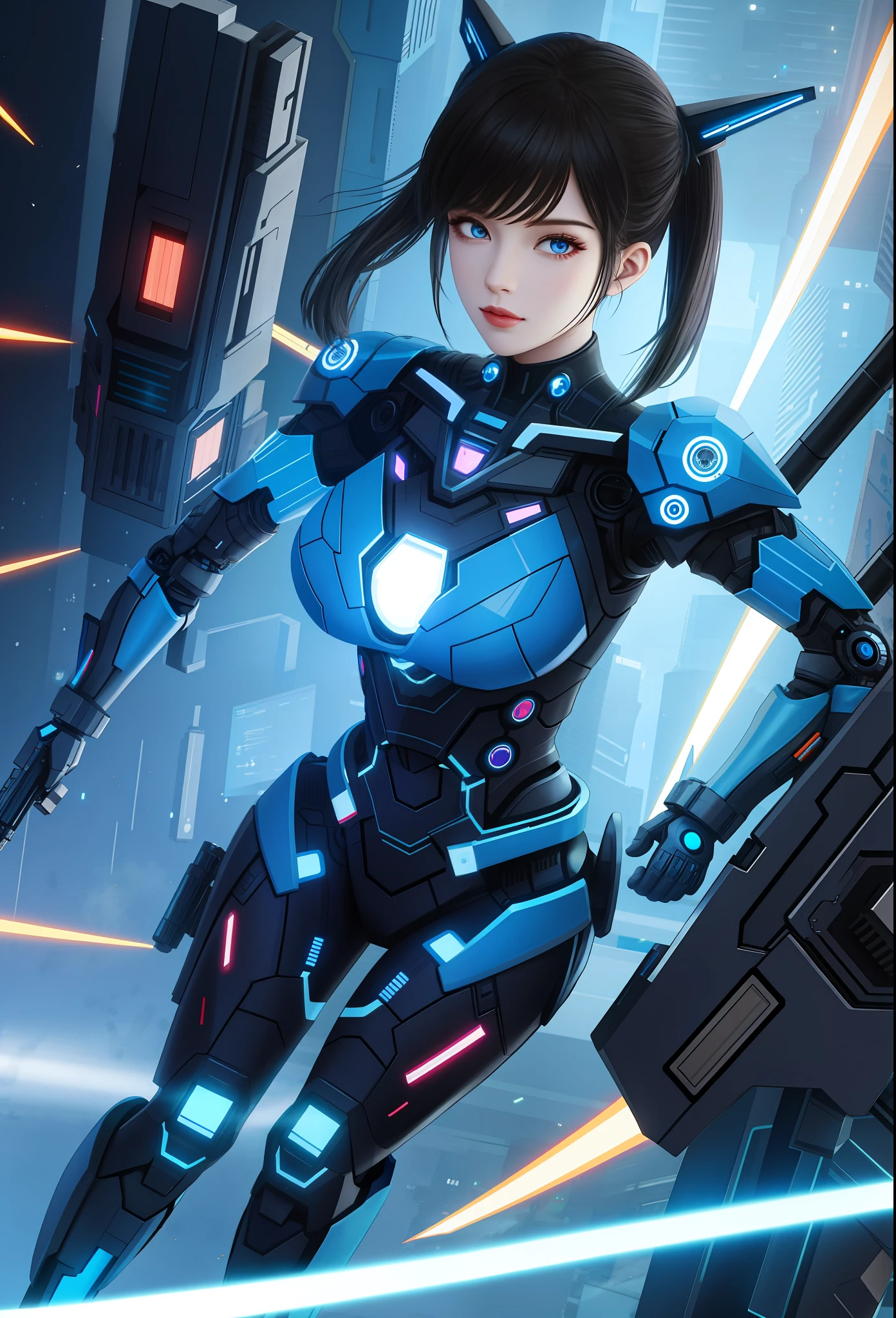 Full body photo, Humanoid Machine Woman, half human half machine body in futuristic costume, with power cables, lit blue lights on her chest, she has half human half head with mechanical parts showing, short black hair, blue eye and mechanical eye with laser sight, looking at the viewer, from the front, big breasts, body half human and half mechanical, she is in a futuristic city at war between humans and machines, she is holding futuristic weapons of high caliber, cyberpunk, troll, anime, Pop art, masterpiece, 16k, high details, UHD, best quality