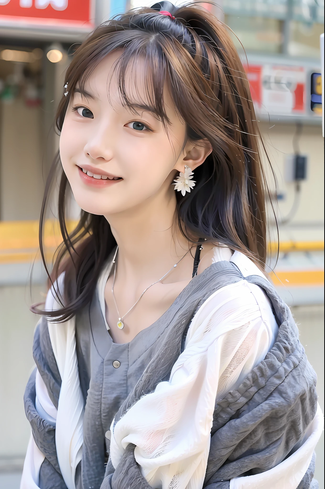 Top quality, ultra-high resolution, (photorealistic: 1.4), big yawn, 22 years old, circle earrings, cute smile, 8K resolution, 1 girl, (random hair: 1.3), (realistic hair: 1.2), (Korean ulsan: 1.2), (realistic eyes: 1.2), (beautiful face: 1.3), wet body, slim body, everyone is watching, attention-grabbing, white glowing skin, Small breasted, cleavage, (sweaty face: 1.2), (mid angle: 1.3), (random costume), (New York Street: 1.3), (night: 1.3)