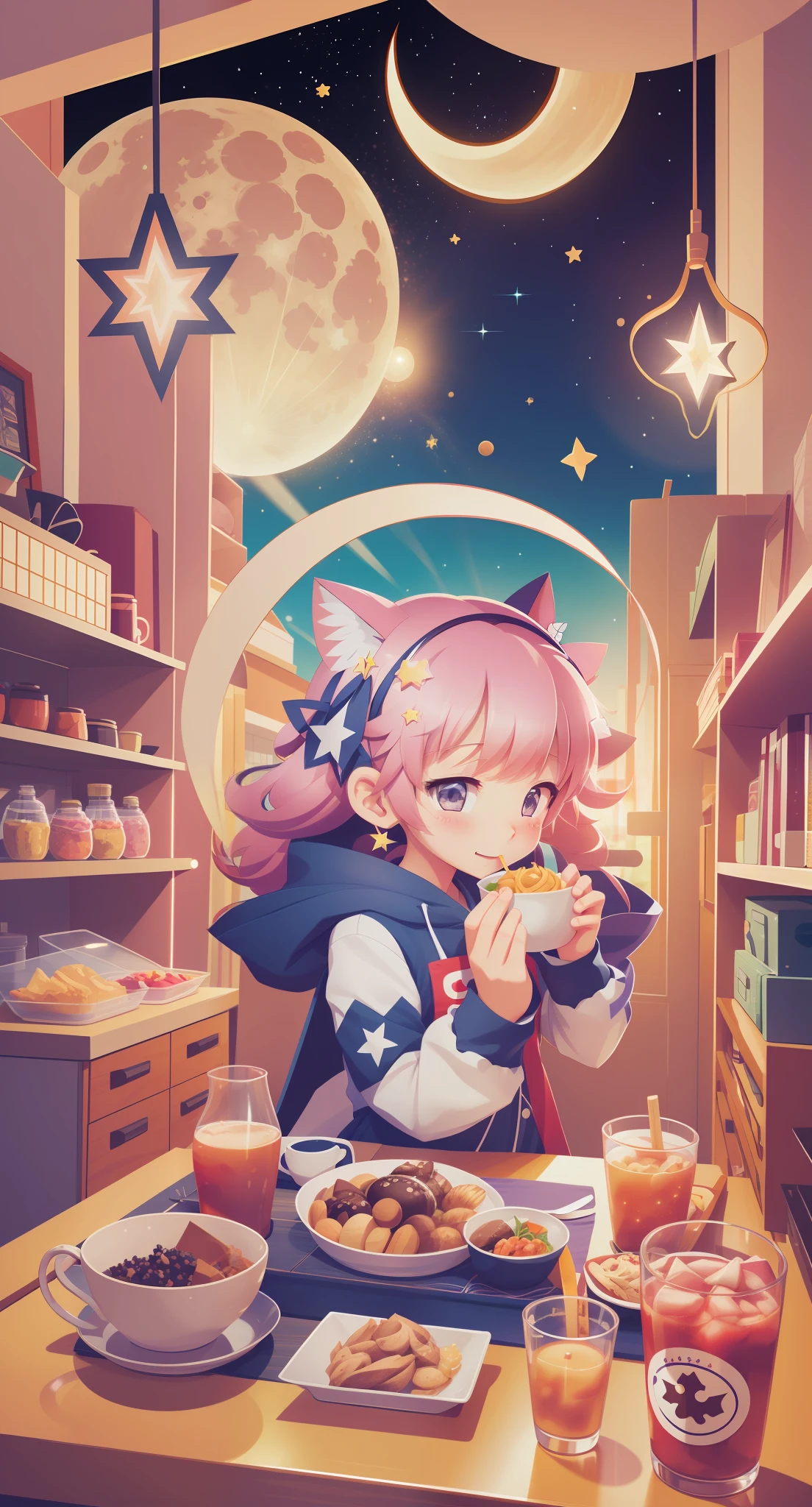 1 girl,chibi, neko, adorable, eating food, fireworks, festival, stars, moon, evening, masterpiece, best quality,