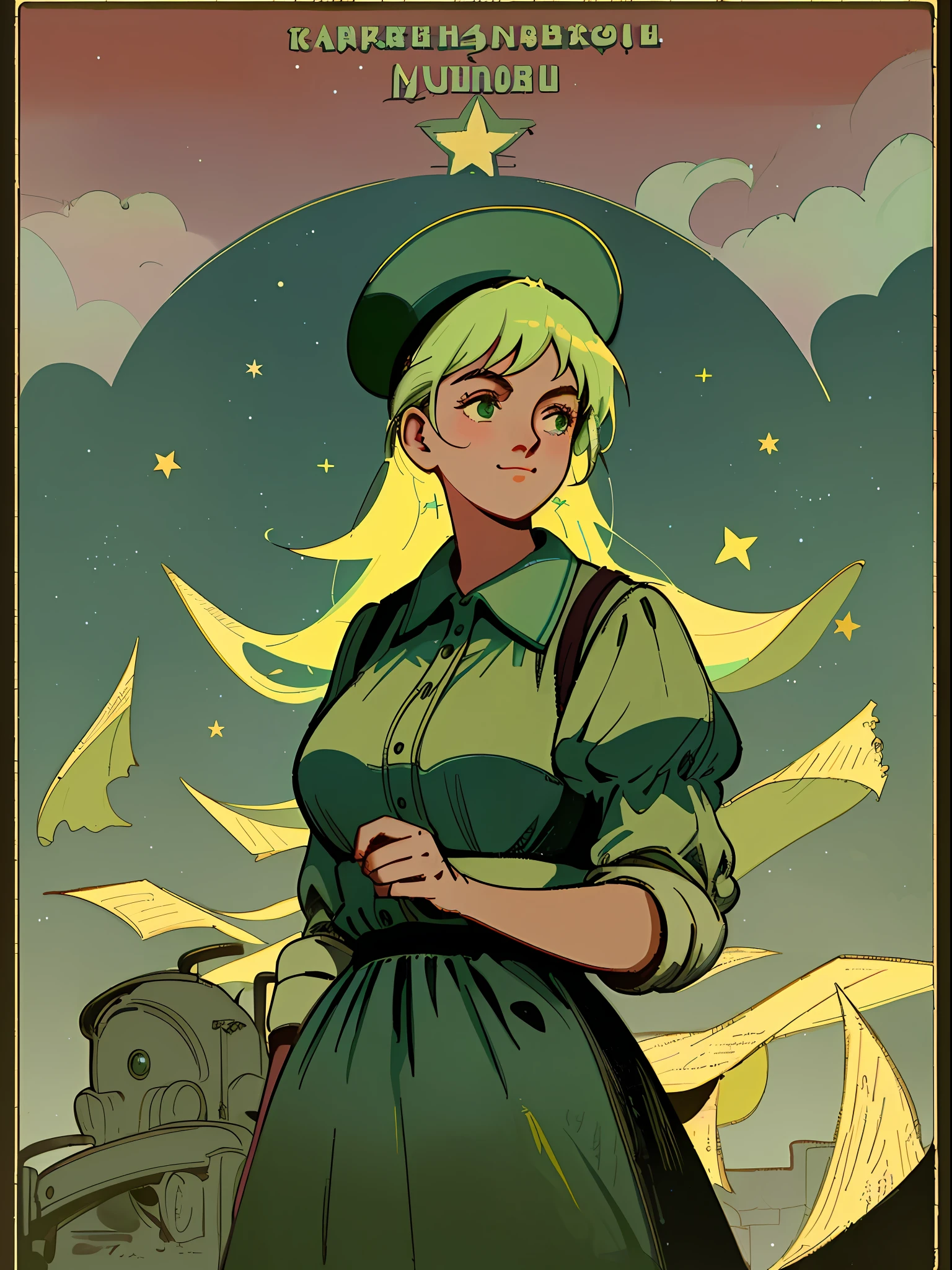 (masterpiece), (best quality), (best detail), (worn paper borders), (main color of illustration: pastel green), (secondary color: dark blue), vintage advertising poster with large letters Soviet style 60', beautiful woman cheerful posture, dirty and old western industrial scene, night (sky with many stars), shading (detailed, much contrast), very saturated pulp colors