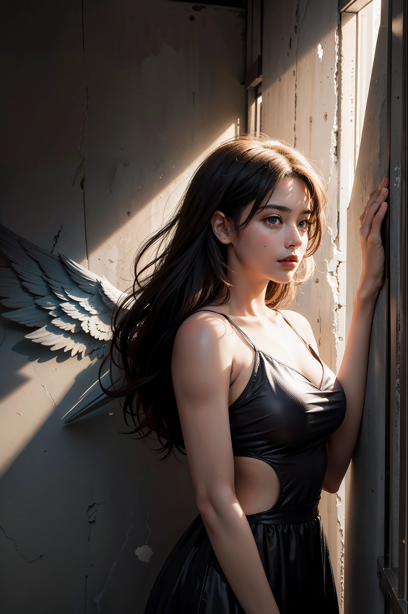 masterpiece close up, best quality, best angle, (extremely detailed CG unity 8k wallpaper), (best quality), (best illustration photography contest winner), (best shadow), Night, moonlight, a ((angel)) woman 20 years old, whole body, in a narrow corridor, focused direct light, deep shadows, mottled walls, photo level, HDR 8K, true lighting, movie stills, action movies, tabu