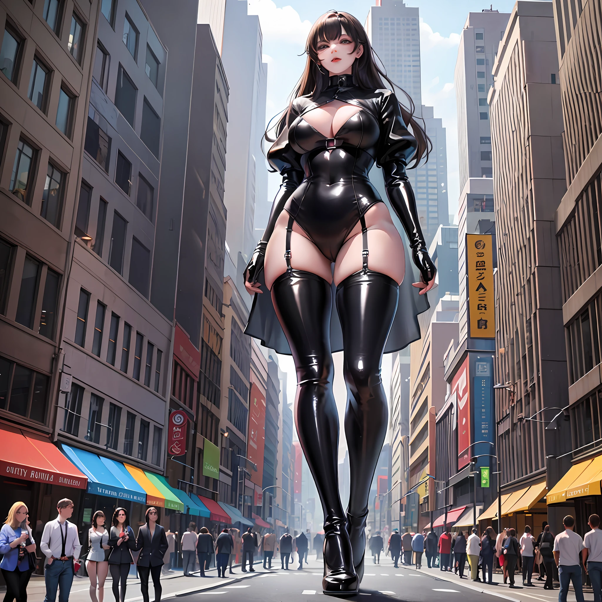 Three giantess girls in latex costumes are discussing something among themselves standing in the city near a crowd of people, people bypass these giantesses, giantess art