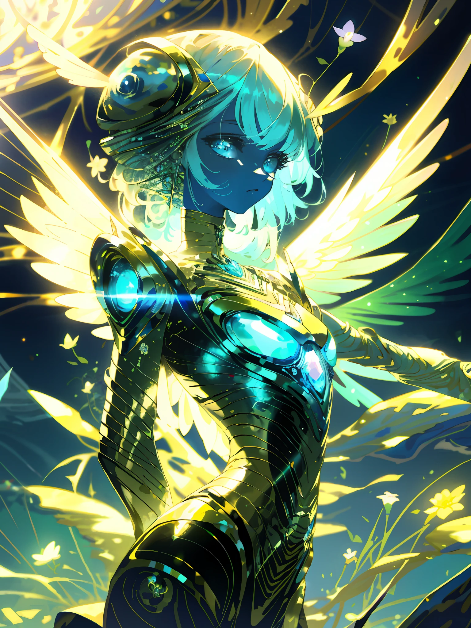 illustration, highly detailed, masterpiece, medium shot, beautiful aliens and 1girl, anthropomorphic body type, graceful wings, alien world and flora and florarium, neon, Silver colors, eccentric and exaggerated, beautifully drawn, depth of field, analog, soft lighting