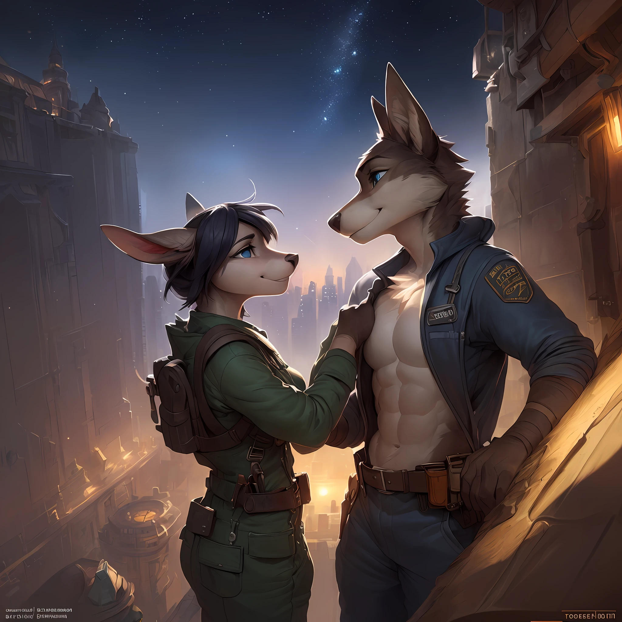 uploaded on e621, by Pixelsketcher, by Bayard Wu, by Thomas Benjamin Kennington , by Einshelm, anthro (((female))) deer doe with ((nice breasts)) and (short fluffy tail) and ((emerald eyes)) sits on a rooftop at night with  a large anthro (((male))) wolf with ((a muscular body)) and (long fluffy tail) and ((clear navy blue eyes)) looking at stars, (( portrait)), BREAK, ((wear dirty work jumpsuit with toolbelt)), excited, happy, (detailed Bonifasko lighting), (detailed fur), (detailed skin), BREAK, ((facing each other with shy smiles)), intimate setting, skyline, stars, no moon, (cinematic lighting), ((detailed background)), ((high-angle view)), (((three-quarter view))), (half body shadow), [backlighting], [crepuscular ray], [detailed ambient light], [gray natural lighting], [ambient light on the belly], (higher wildlife feral detail), [explict content], [sharp focus], (questionable content), (shaded), ((masterpiece)), BREAK