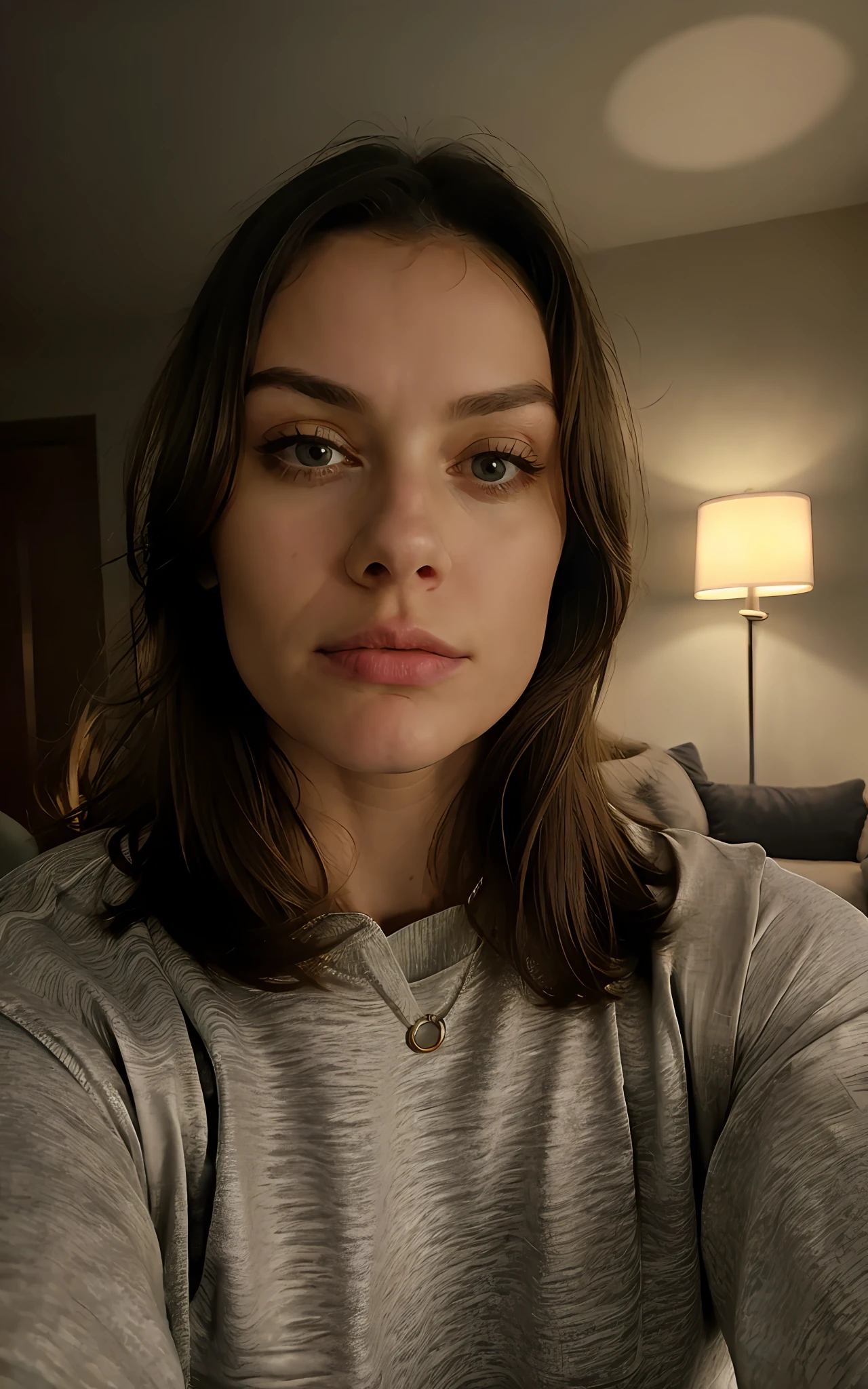 1 woman ((upper body selfie, sad)), masterpiece, best quality, ultra-detailed, solo, in the living room, (night), (warm hue, warm tone: 1.2), close-up, cinematic light, side lighting, ultra high resolution, best shadow, RAW, upper body, wearing pullover