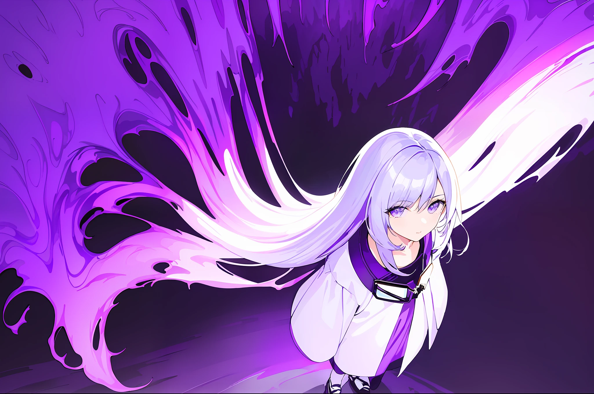 masterpiece,(best quality),(1girl) ,solo,(high contrast:1.2),(high saturation:1.2), ((hands on the pocket)),((white dress)),looking at viewer,((black and light purple theme:1.3)),((dark background:1.5)),white hair,blue eyes,((walking:1.3)),full body,black footwear,((dark japanese theme cyberpunk)),((from above:1.2)),Ink painting