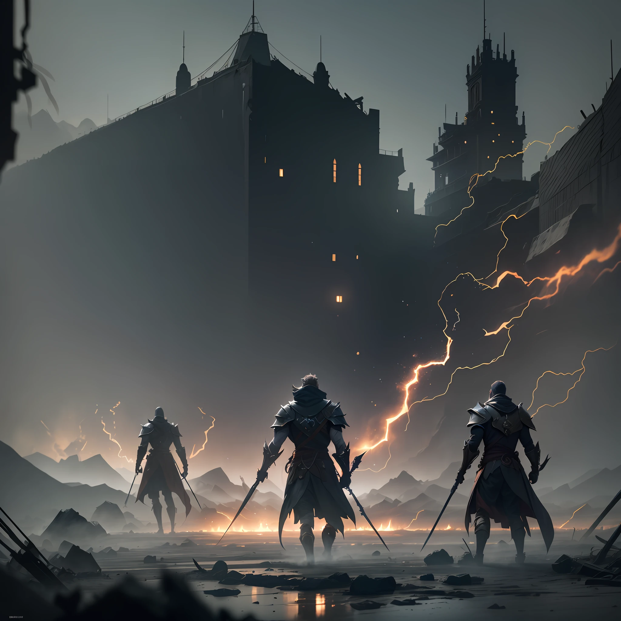 Setting:, The battle takes place in a dark and sinister location, shrouded in mist and darkness., The environment is punctuated by rubble and debris from previous battles, creating an atmosphere of desolation and despair., Preparation:, The heroes gather strategically, drawing up plans to face the imminent threat., They equip themselves with powerful weapons and armor, reflecting their determination and readiness for battle., Resurrection of Malachai:, Malachai, the supreme villain, rises from the shadows with renewed power., He emanates a dark and sinister aura, shrouded in dark flames that consume everything around him., Epic confrontation:, The battle unfolds amid explosions of magic and powerful attacks., The heroes show courage and extraordinary abilities as they fight to defeat Malachai., face-to-face, modern, cinematic lighting, reflection light, atmospheric perspective, UHD, anatomically correct, super detail, 1080P, 8k