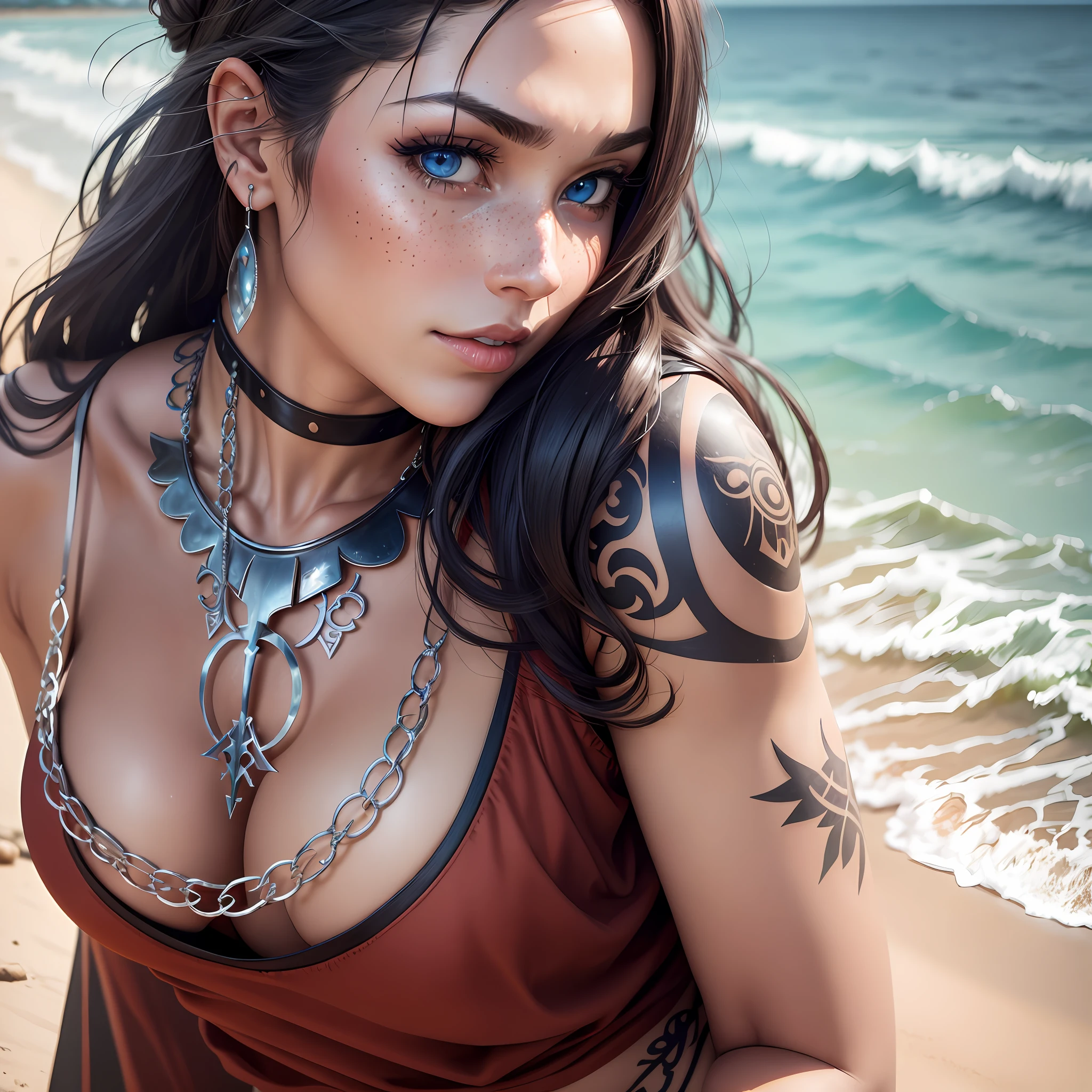 arafed frau in einem umhang posiert für ein bild, filmische göttin körperaufnahme, sexy körper, realistisch schattierter perfekter körper, hair with messy bun, fotorealistischer perfekter körper, eleganter bikini, unwirkliches engine-rendering + eine göttin, göttin. extrem hohe Details, schöne Göttin, fotorealistisches Anime-Mädchen-Rendering, schöner Frauenkörper, perfekt schattierter Körper, sexy heißer Körper, cleavage, moist skin, tan, medium breasts, revealing dress, intricate, naughty, seductive glance, tattoo, piercing, trending on artstation, slim waist, narrow hips, slim body, hourglass body, fishnet tights, wearing just a cloak, choker, belly chain, gold and silver, looking back over her shoulder, at a beach, looking like a demon goddess, tight body, blue eyes, freckles, american indian woman, festival look