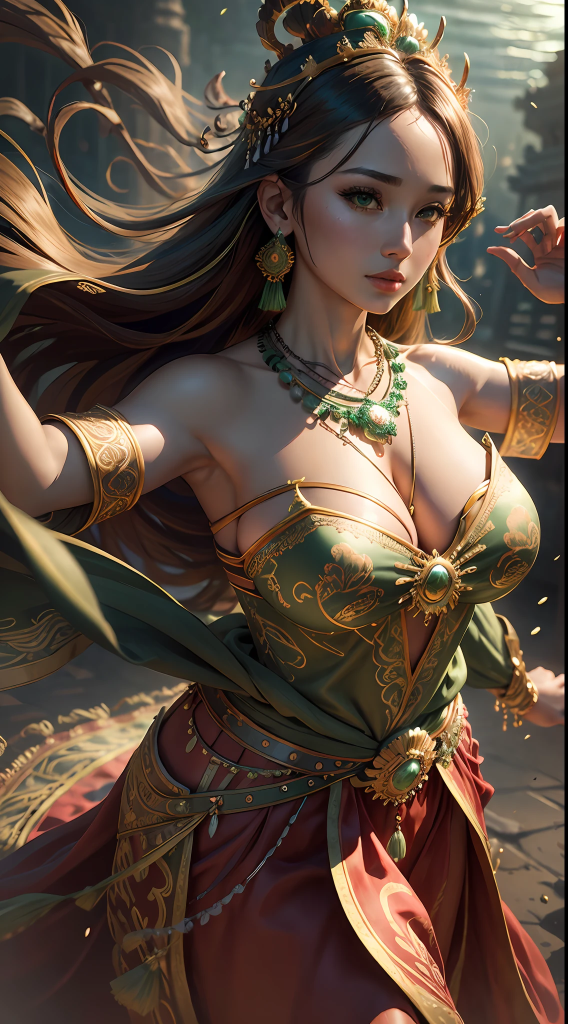 Best quality,masterpiece,ultra-detailed high res,(photorealistic:1.4),raw photo, brown skin,illustration,
woman dancing,(solo:1.2),(cowboy shot:1.2),(hair crown:1.2), green Traditional chinese dunhuang style clothes,Strapless,(green eyeliner:1.2),(big breasts:1.4), (v-neck:1.5), (big necklace:1.4), lace armour, earrings,dynamic angle,Opera House,messy_long_hair,ink,cinematic lighting,lens_flare,Velvet,chrysanthemum,Tassel,Ribbon,color embroidery, underwater scenery