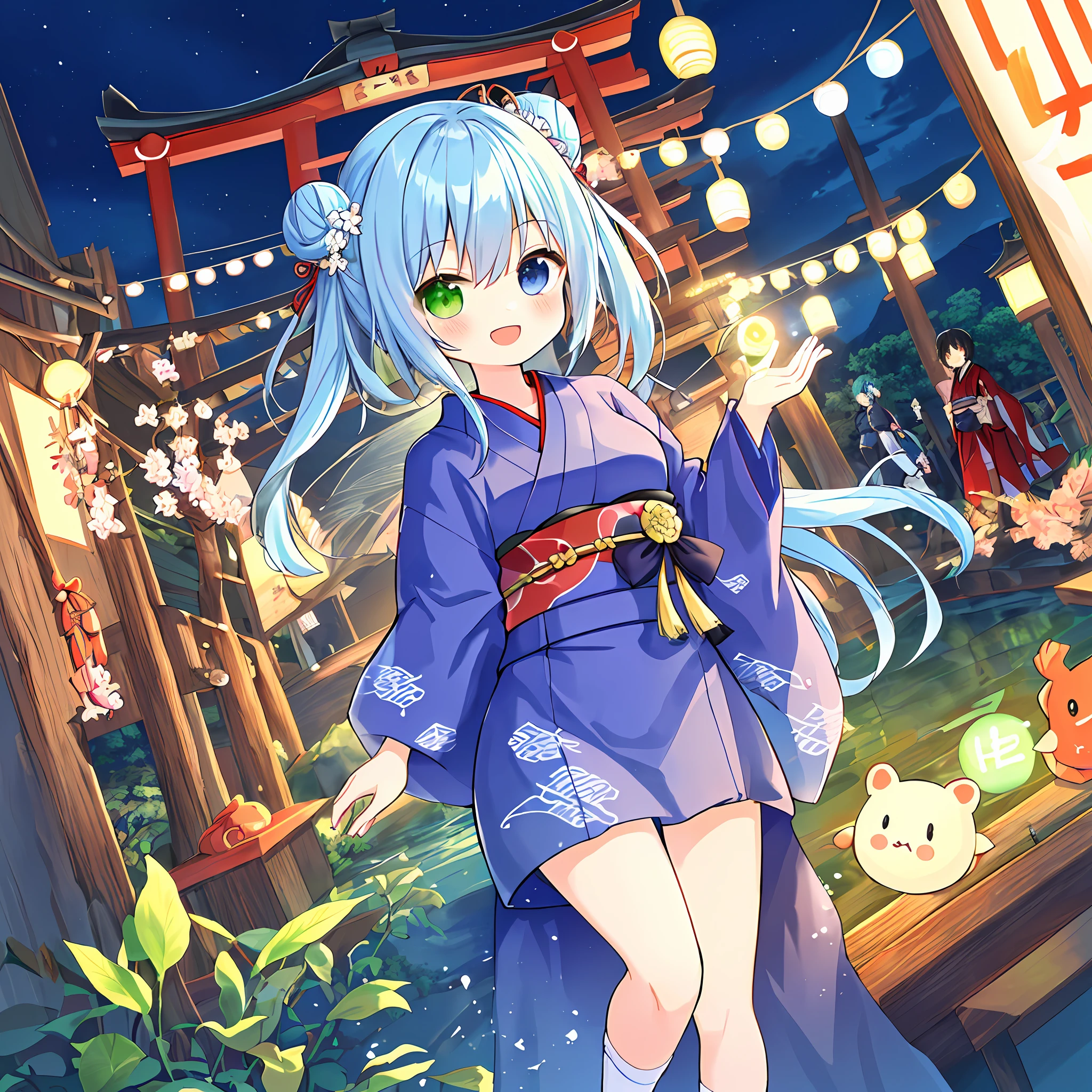 "Kyoto Animation" style anime illustrations, top quality, (cute: 1.1), (cute), (high resolution: 1.2), incredibly ridiculous: 1.3, incredibly fine illustrations, cute girls, (heterochromia, light blue eyes and light green eyes), solo, standing figure, happy, :d, masterpiece, top quality, absurdity, high resolution, official art, (cute: 1.8), (( Chibi character: 1.5)), solo, ((light blue hair, bun hair, kanzashi)), thin hair, 1 beautiful girl, (cute: 1.8), caregiver, maid, (((long yukata, illustration of morning glory, indigo color, luxurious obi)), watch the viewer, from the front, princess eyes, big breasts, from the front, Japan festival, night shop, cute geta, deformed character, holding a goldfish drawstring,