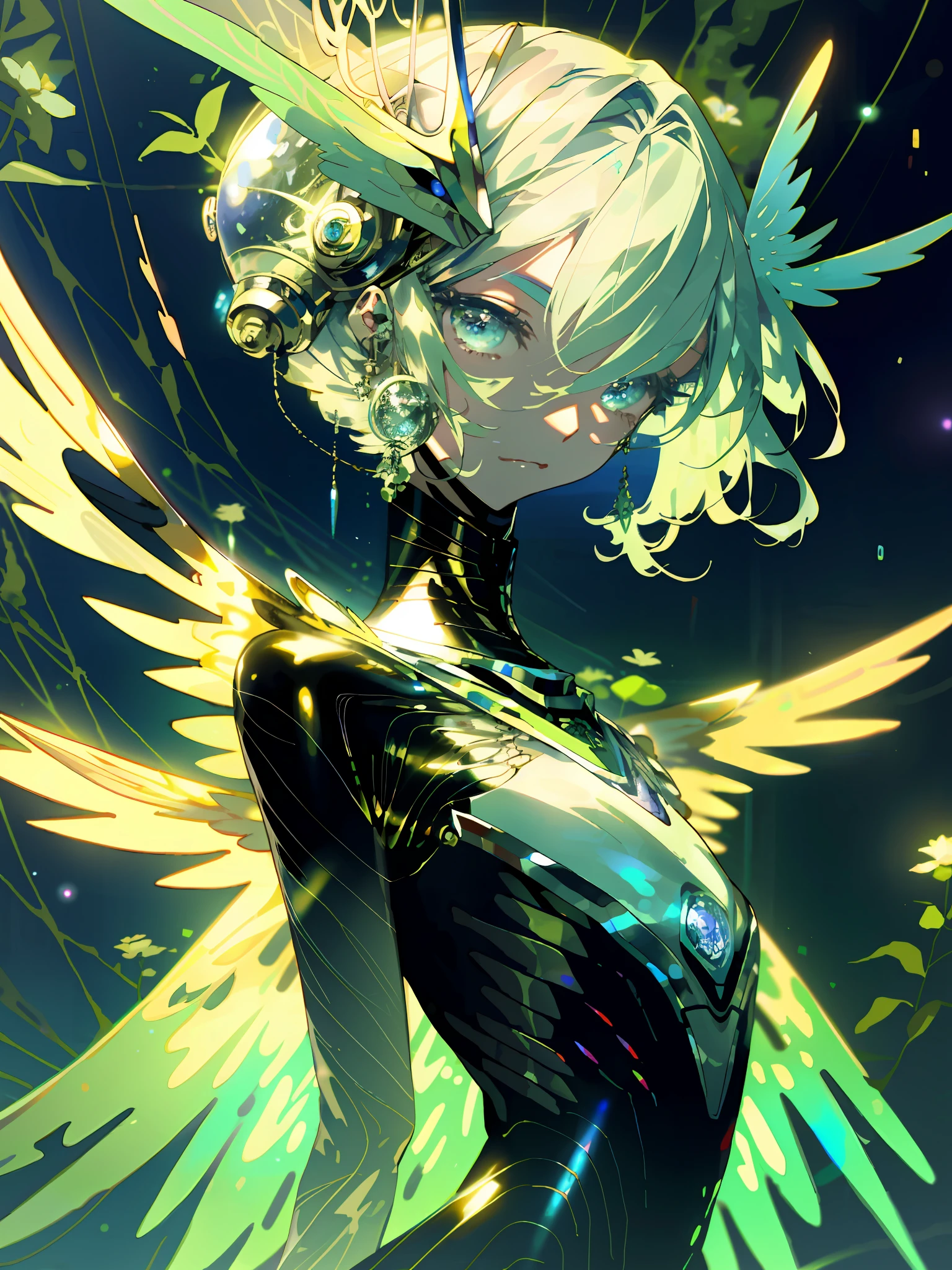 illustration, highly detailed, masterpiece, medium shot, beautiful aliens and 1girl, anthropomorphic body type, graceful wings, alien world and flora and florarium, neon, Silver colors, eccentric and exaggerated, beautifully drawn, depth of field, analog, soft lighting