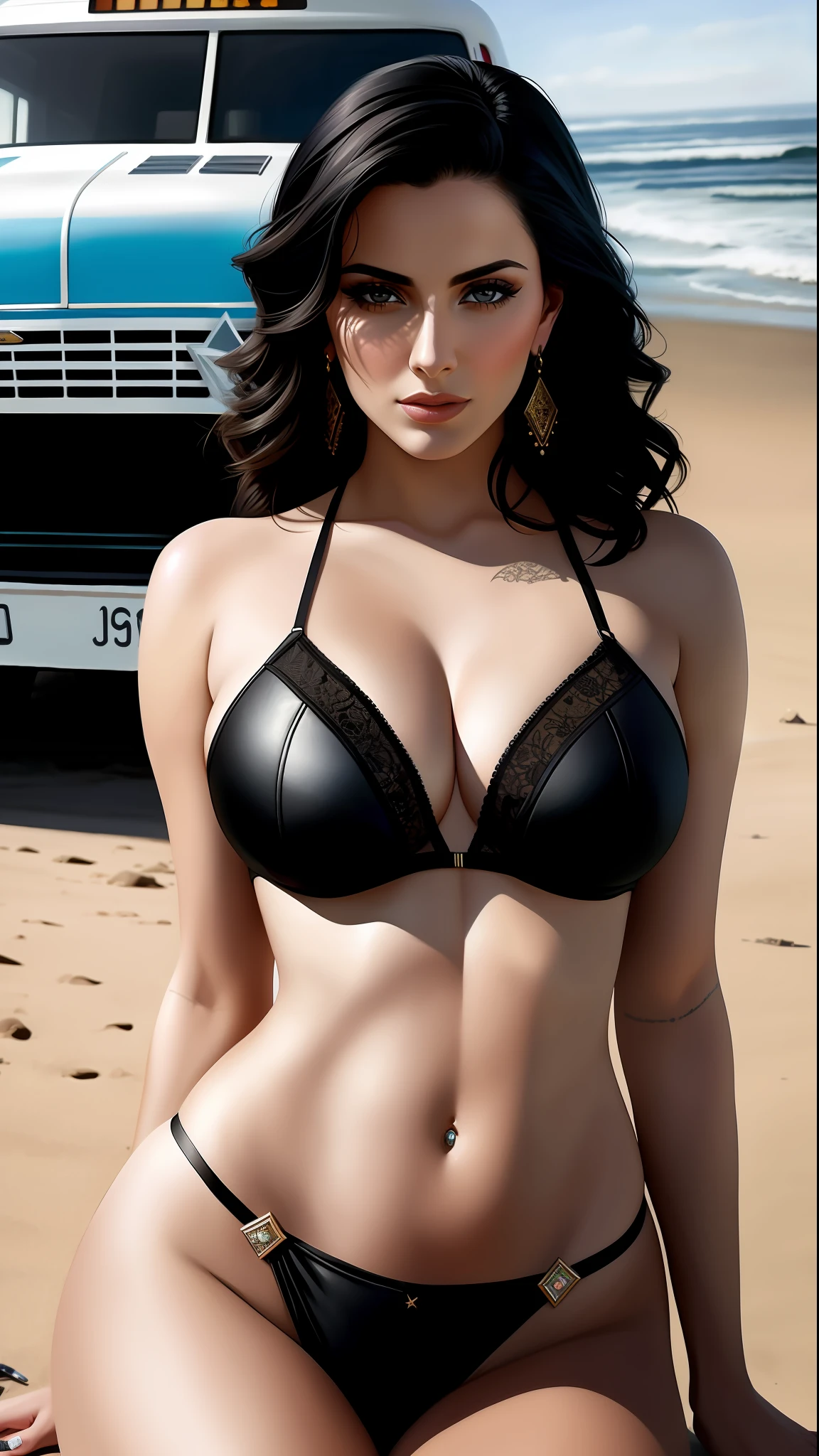 Eva Andressa beautiful, perfect body, in photo of the most beautiful artwork in the world, featuring a modern punk woman, leaning against a van on a California beach, trending on ArtStation, CGSociety, Intricate, High Detail, Sharp focus, dramatic, photorealistic painting art by greg Rutkowski