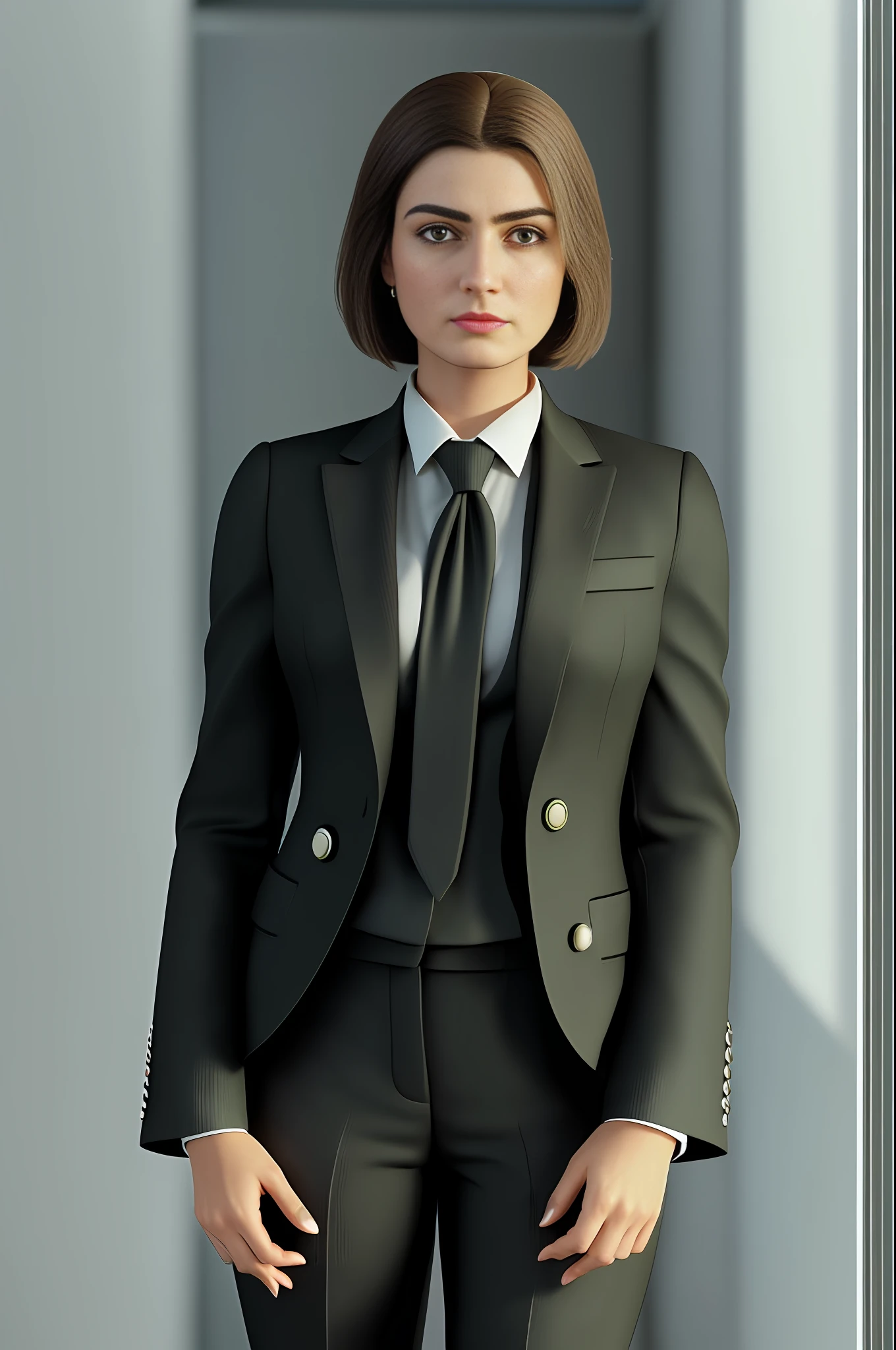 A Brazilian woman, 1.5m tall, 75kg, (short hair: 0.3, (straight hair), (black hair), (round face: 1.7), (green eye) wearing ((pants)) and (black social suit), female tie, with cured arms, ((((serious businesswoman pose)))), inside the office, (four fingers and a thumb), (soft tones:1.25), (HDR:1.25), (artstation:1.2), dramatic, (intricate details:1.14), (hyperrealistic 3d render:1.16),  (filmic:0.55), (rutkowski:1.1), (faded:1.3)