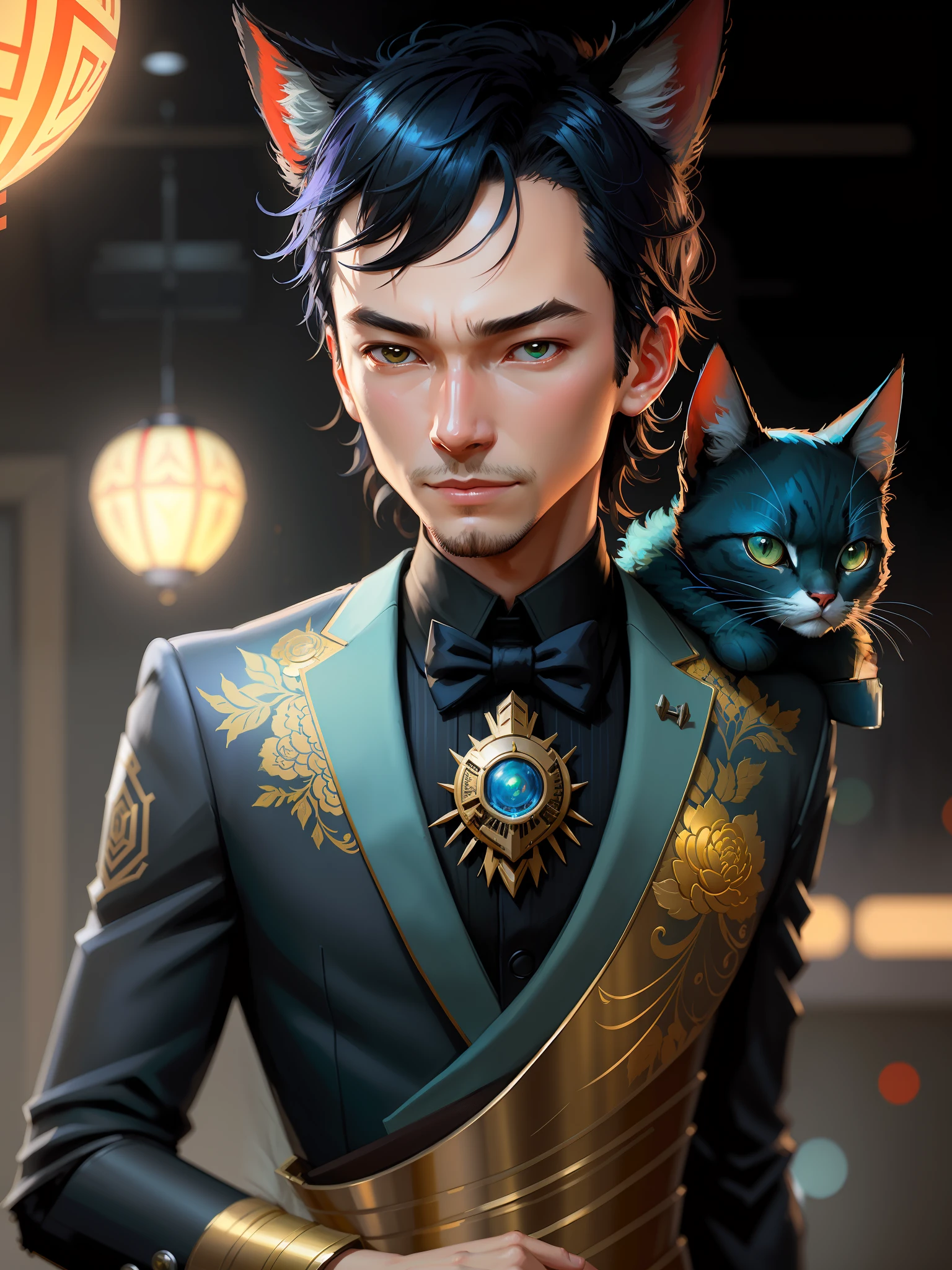 creative frontal portrait of an adorable anthro robot cat wearing a masquerade ball suit and an Intricate detailed mask :: awwchang :: miles-df :: professional majestic oil painting by Ed Blinkey :: Atey Ghailan :: Studio Ghibli :: by ((Jeremy Mann)) :: Greg Manchess :: Antonio Moro :: (((trending on ArtStation))) :: trending on CGSociety :: volumetric lighting :: dramatic lighting :: James Jean :: Victo Ngai